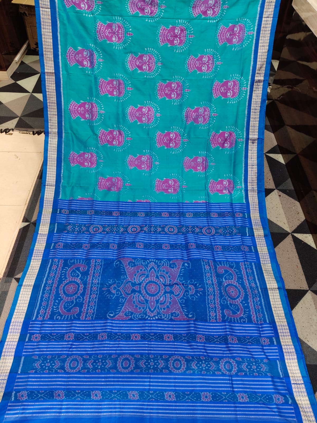 Sea Green Copper Sulphate Magenta Odishi Face Sambalpuri Semi Silk Saree