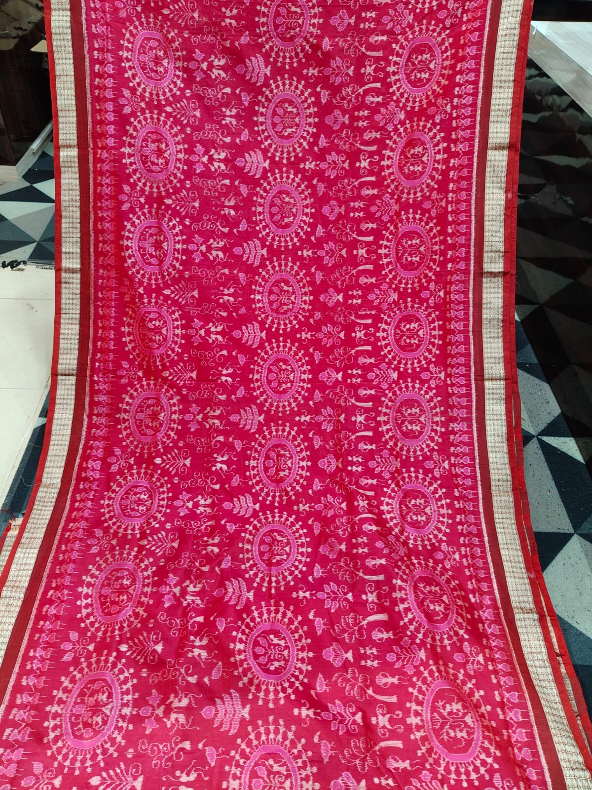 Rani Pink Maroon Round Tribal Sambalpuri Semi Silk Saree