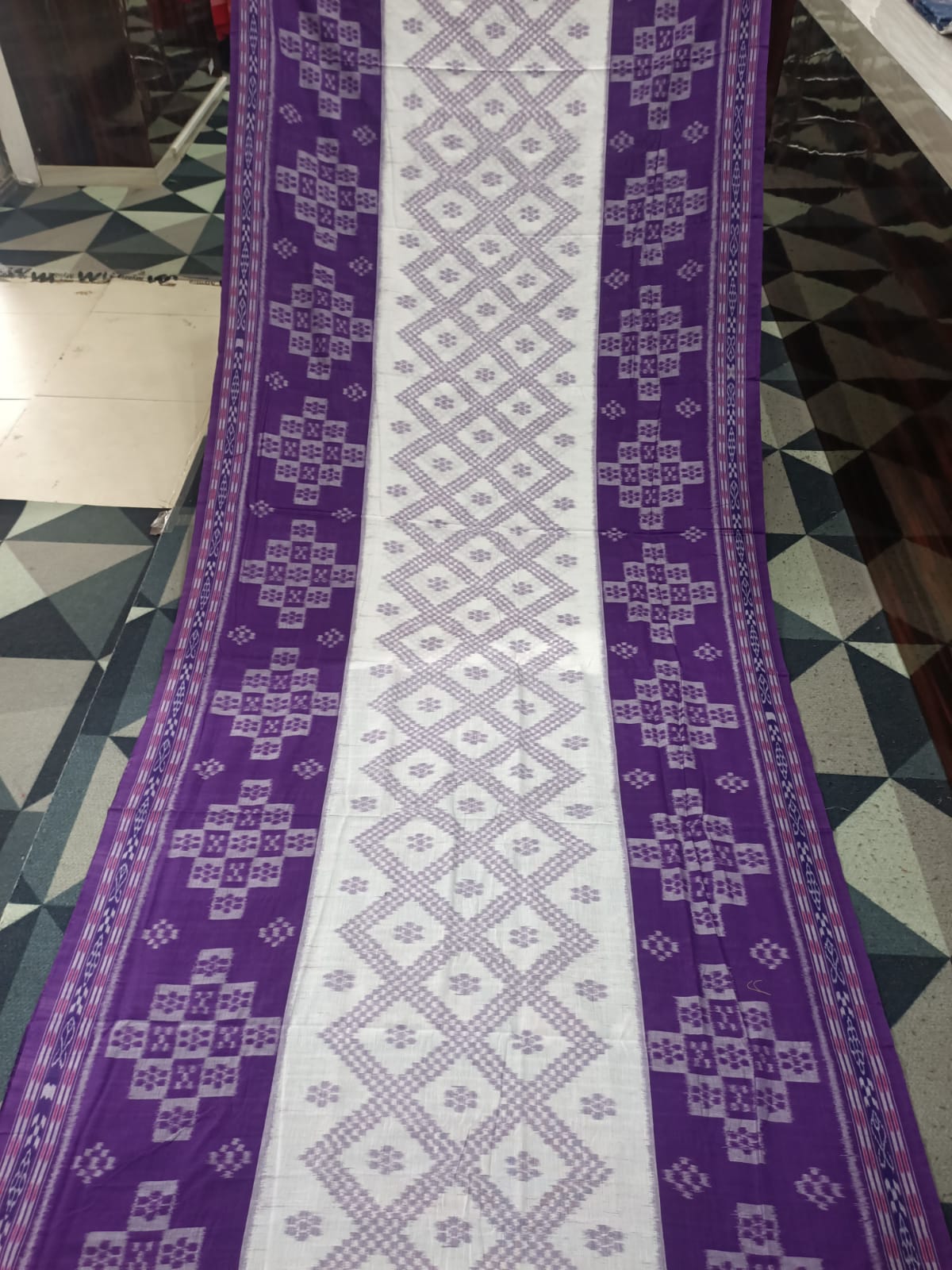 White Purple Tarabali Design Khandua Cotton Saree