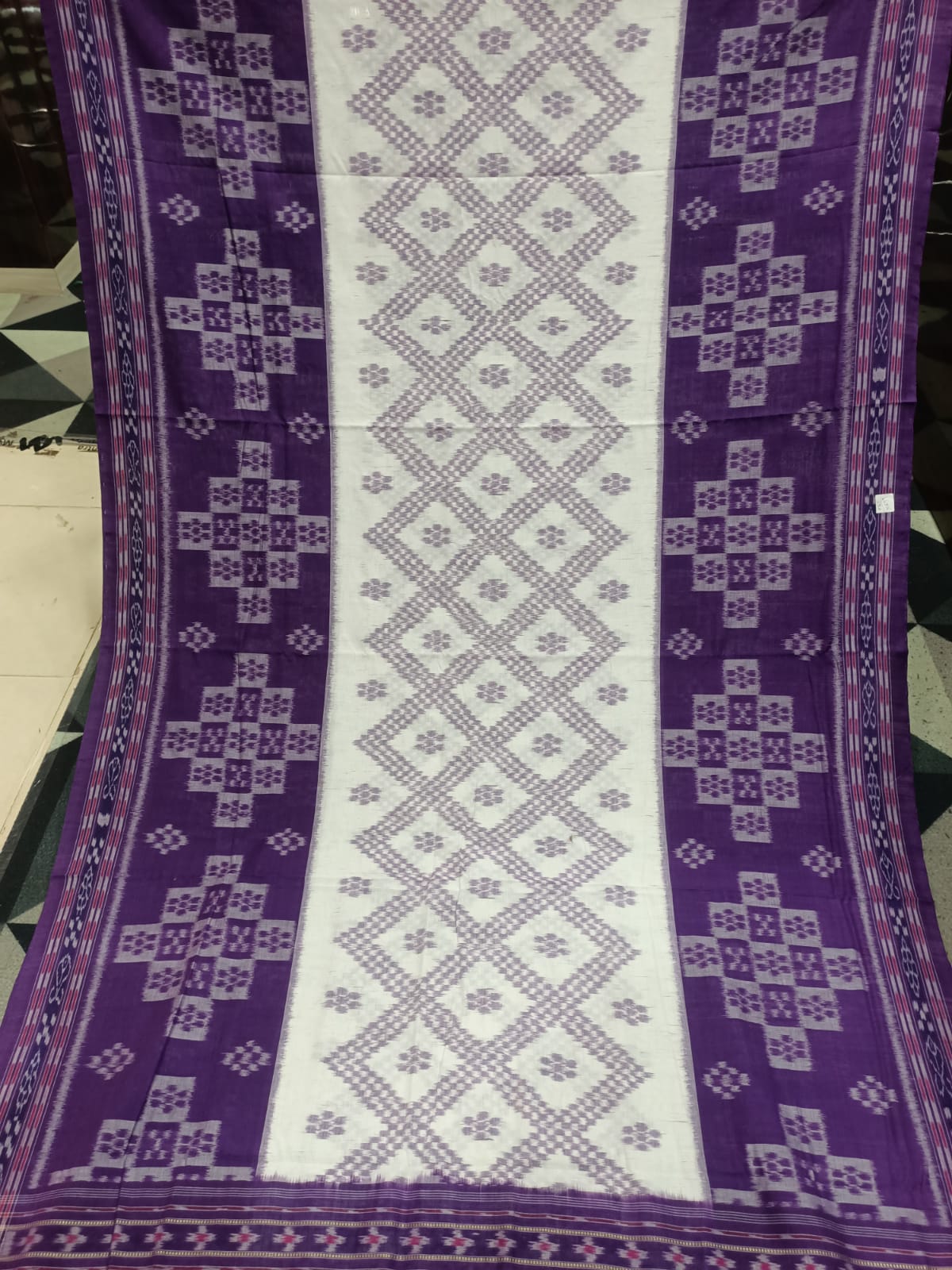 White Purple Tarabali Design Khandua Cotton Saree