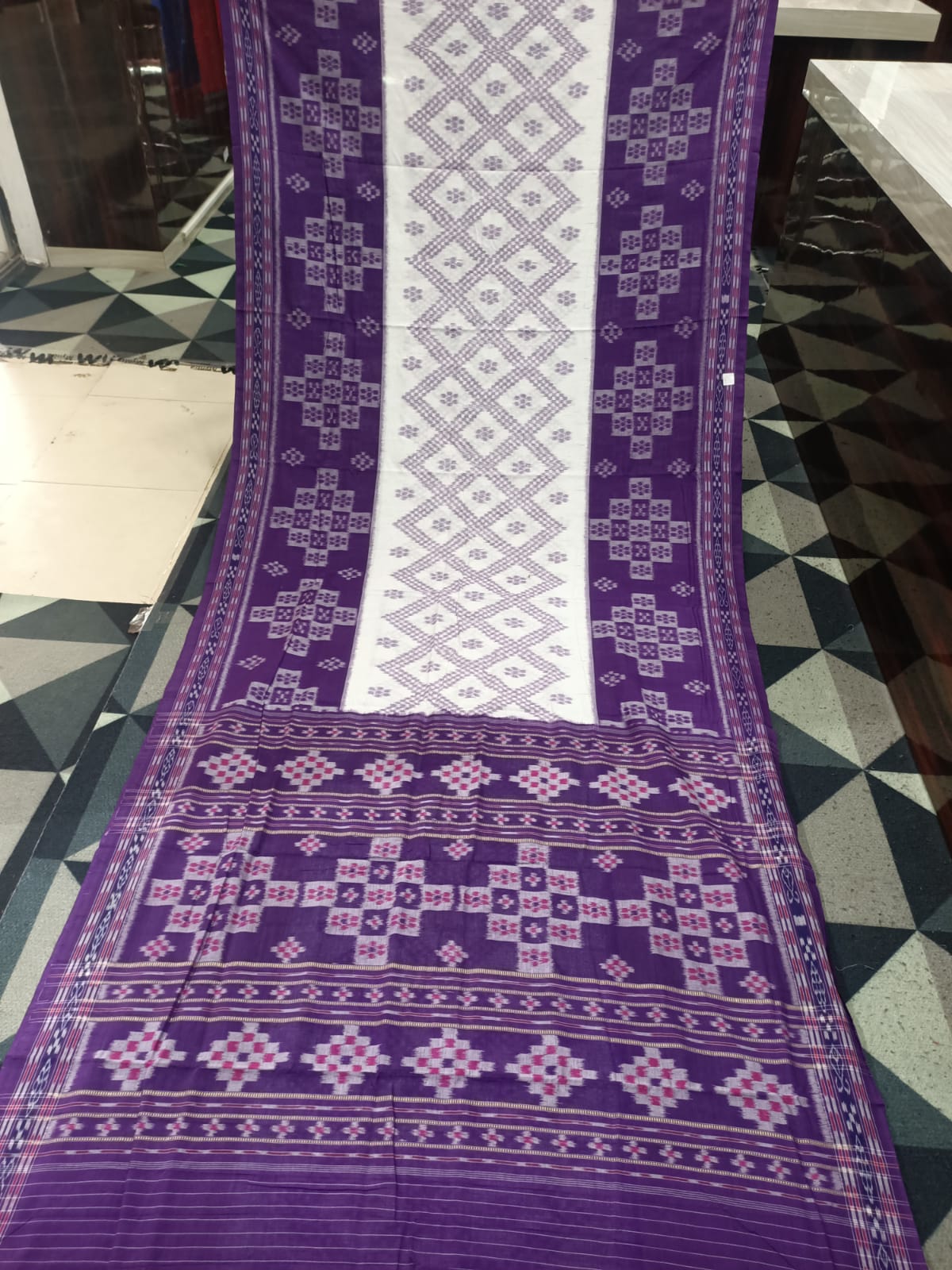 White Purple Tarabali Design Khandua Cotton Saree
