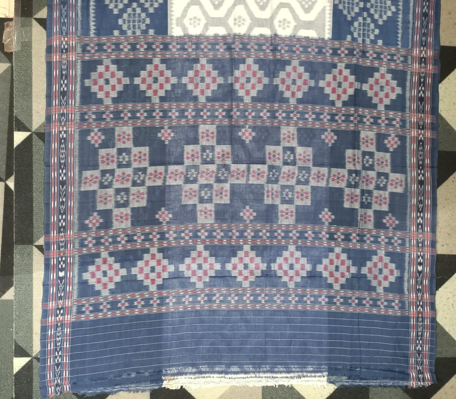 White Teal Blue Pasapali Design Khandua Cotton Saree