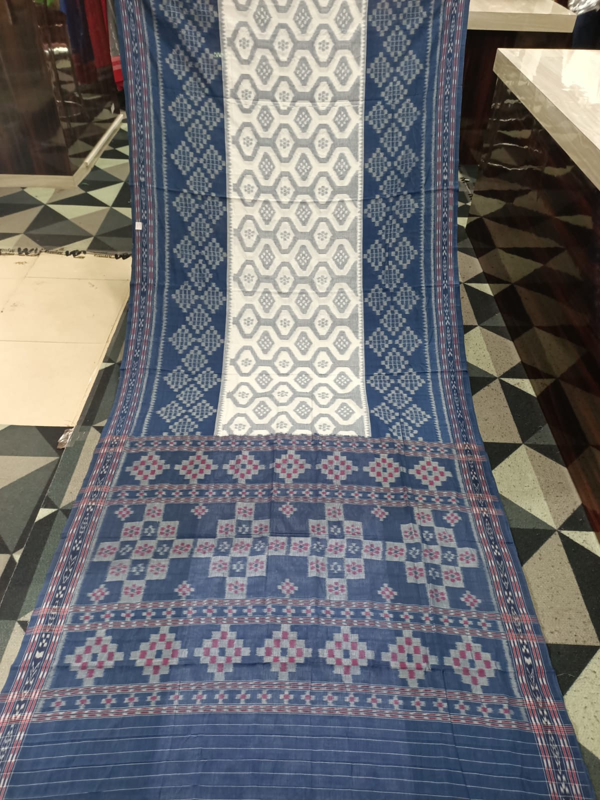 White Teal Blue Pasapali Design Khandua Cotton Saree