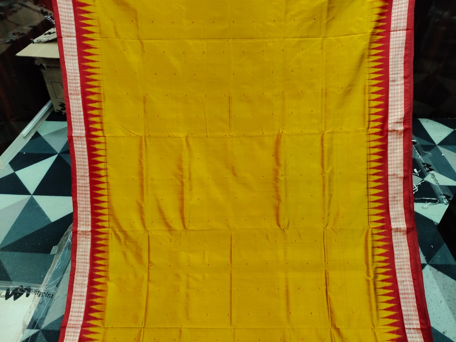 Golden Yellow Maroon Mini Buti Odisha Handloom Bomkai Silk Saree