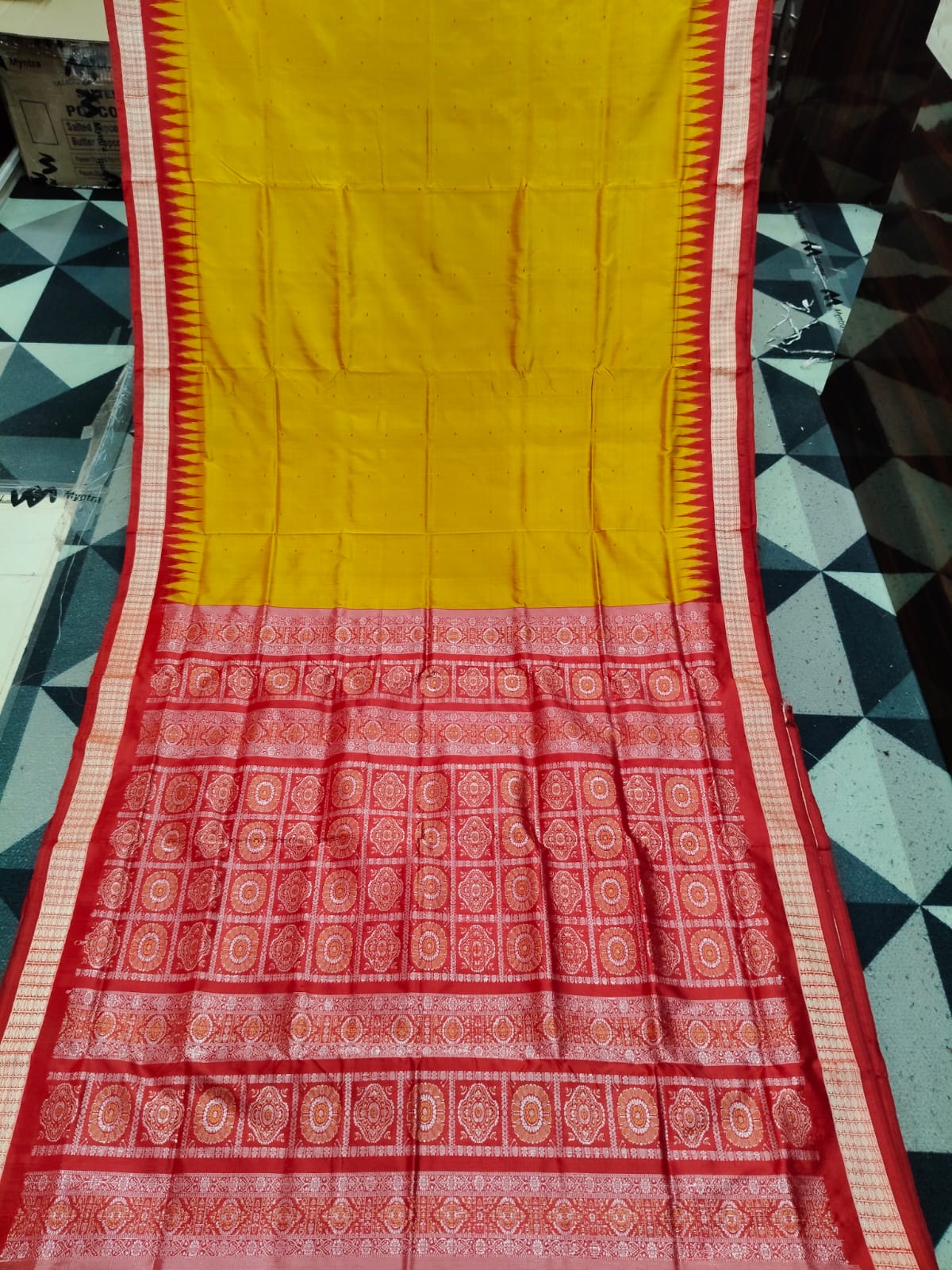 Golden Yellow Maroon Mini Buti Odisha Handloom Bomkai Silk Saree