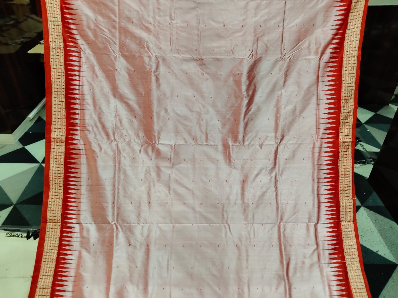Peach Red Mini Buti Odisha Handloom Bomkai Silk Saree