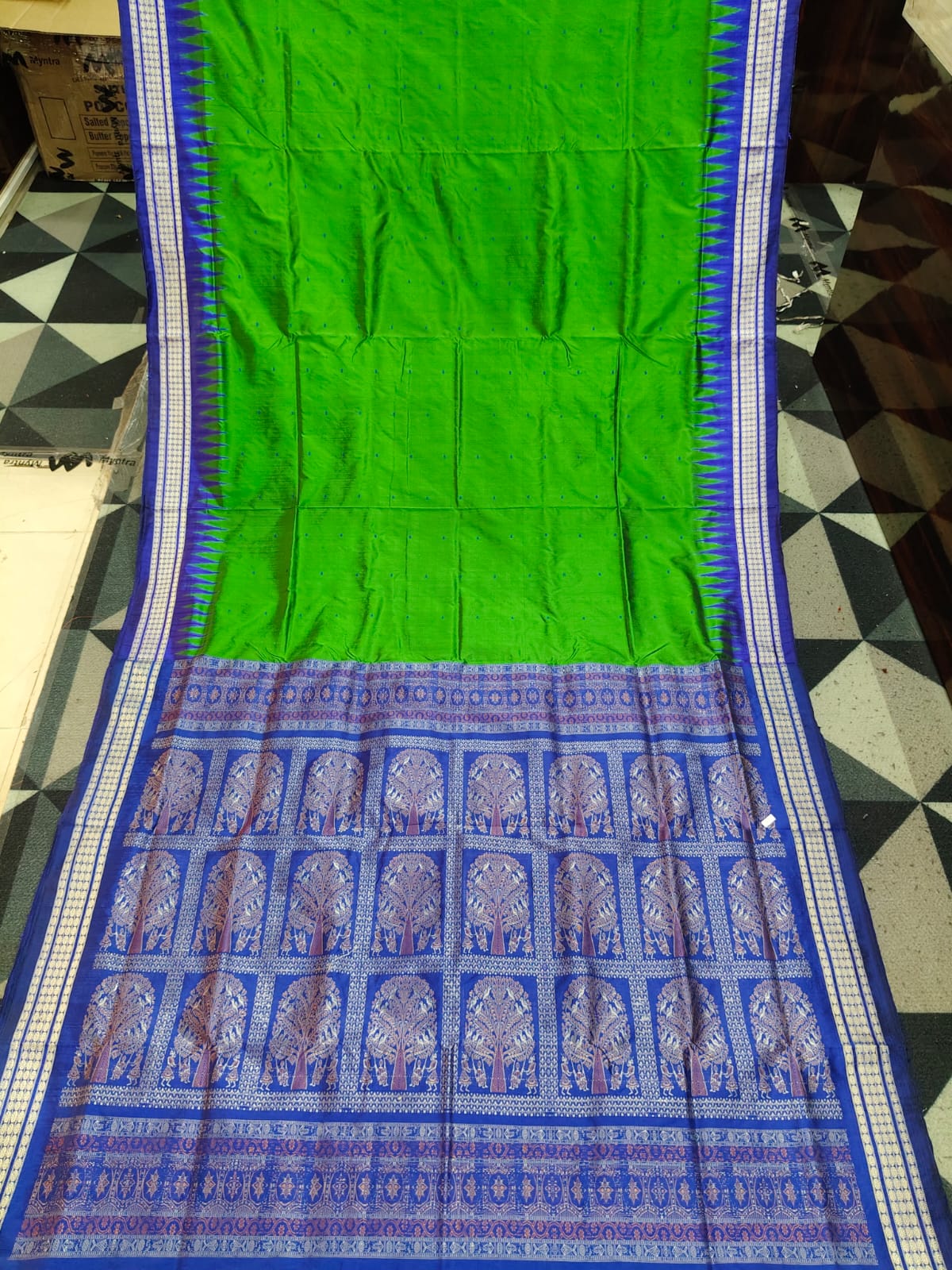 Parrot Green Blue Mini Buti Odisha Handloom Bomkai Silk Saree