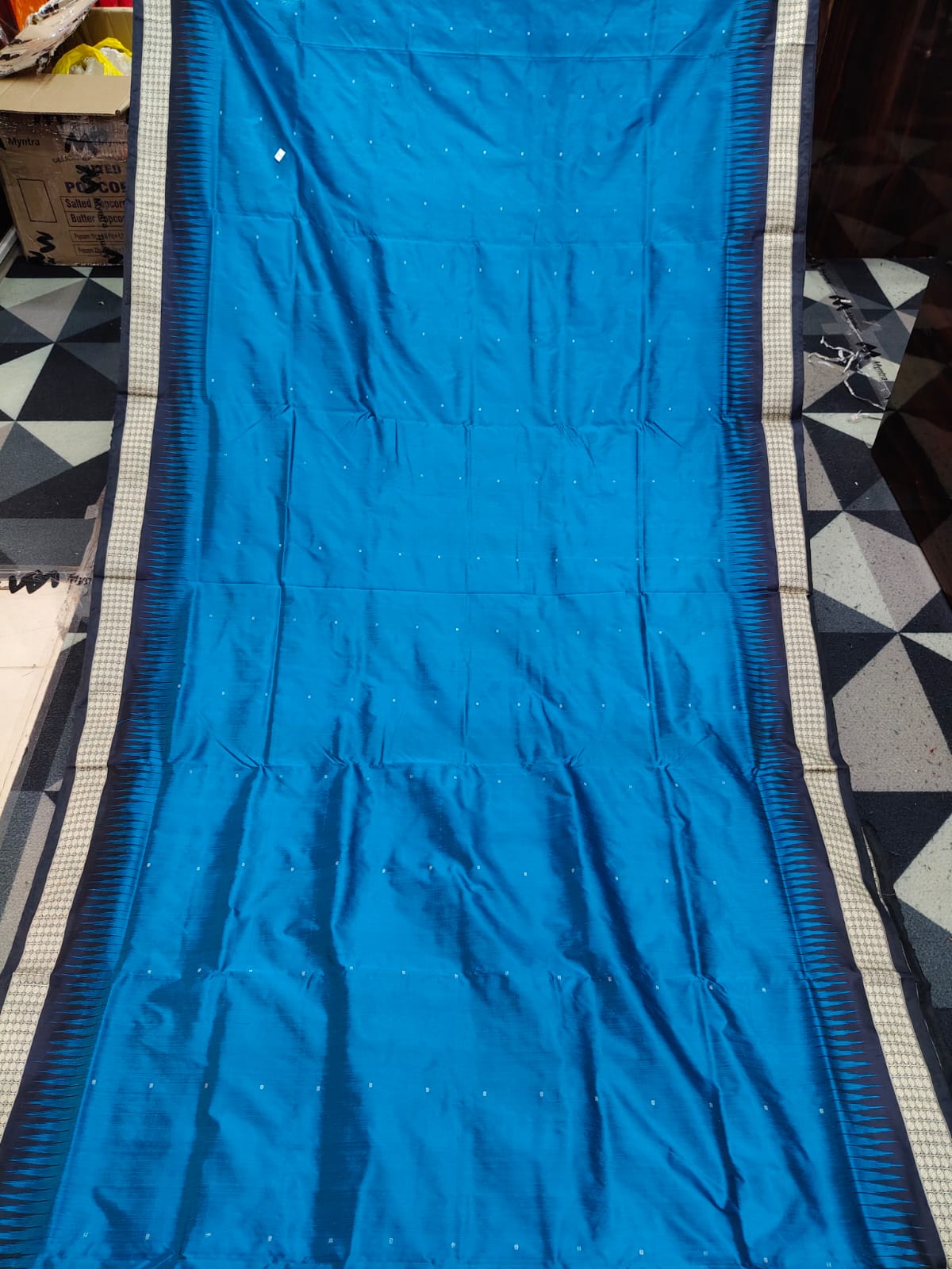 Peacock Blue Black Mini Buti Bomkai Silk Saree