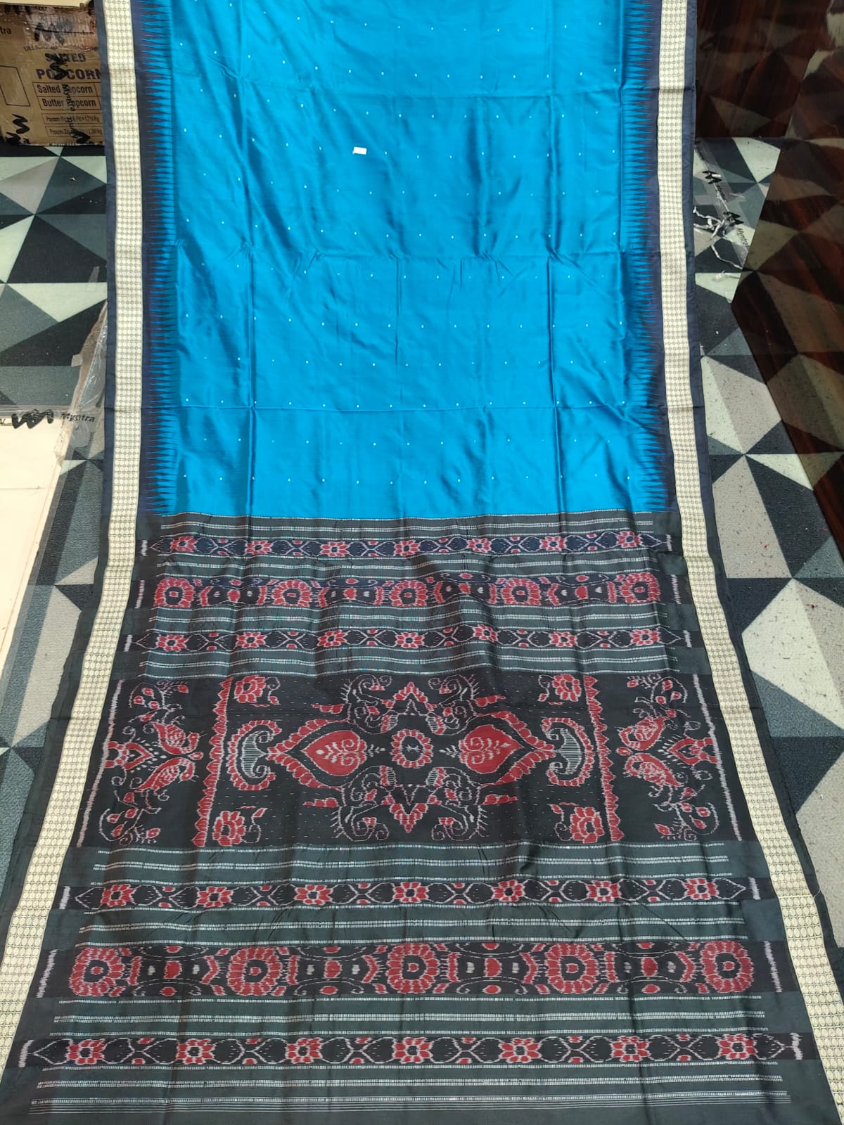 Peacock Blue Black Mini Buti Bomkai Silk Saree