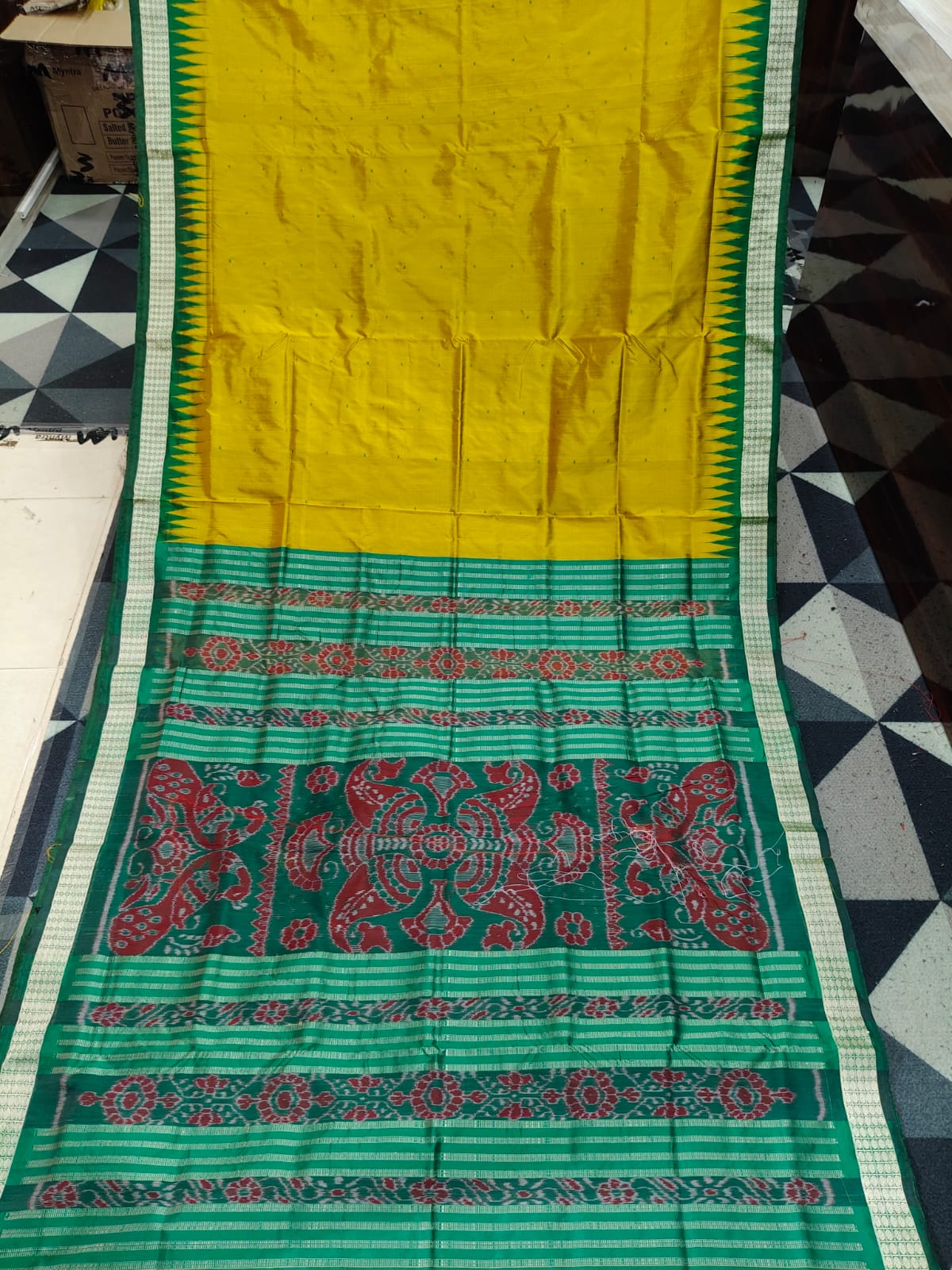 Mustard Yellow Green Mini Buti Bomkai Silk Saree