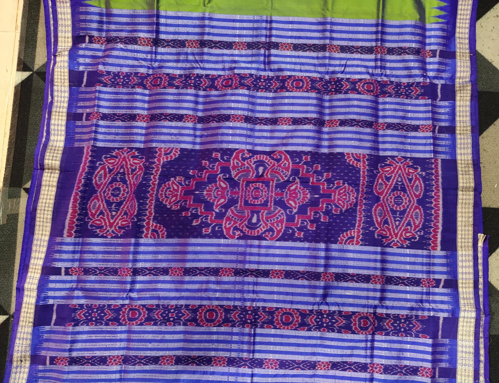 Dual Shade Lime Green Blue Mini Buti Bomkai Silk Saree