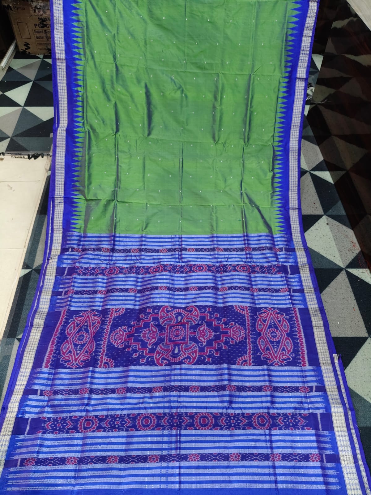 Dual Shade Lime Green Blue Mini Buti Bomkai Silk Saree