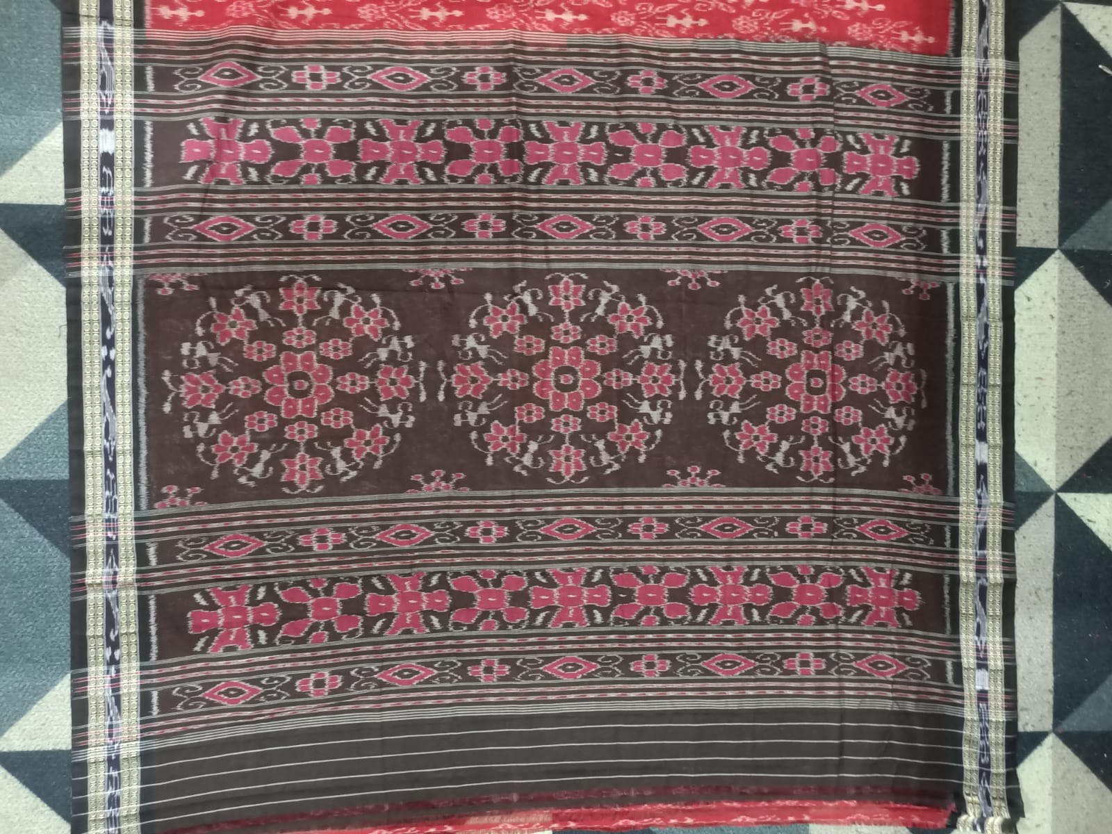 Red Black Tribal Design Khandua Cotton Saree
