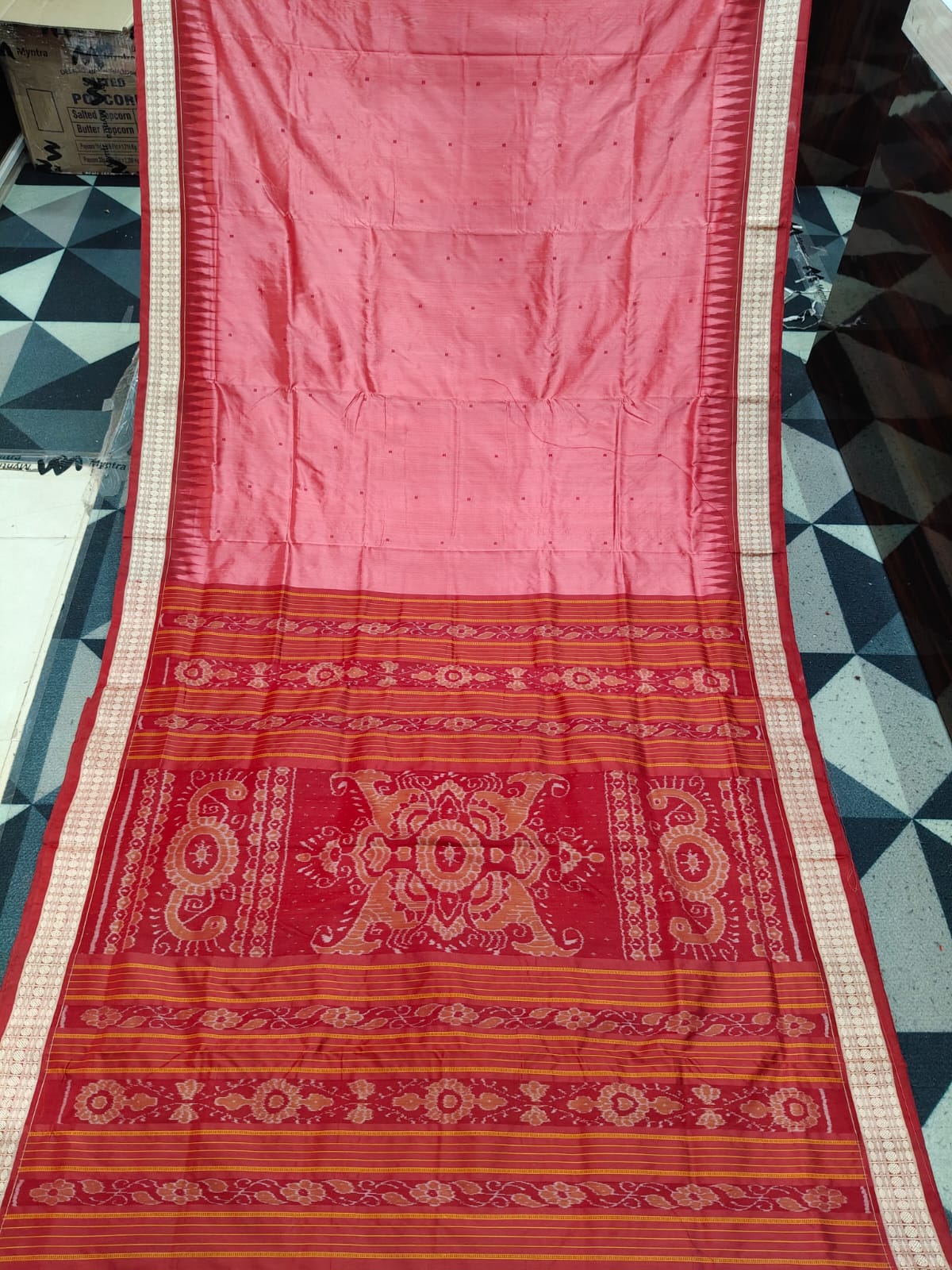 Peach Maroon Mini Buti Bomkai Silk Saree