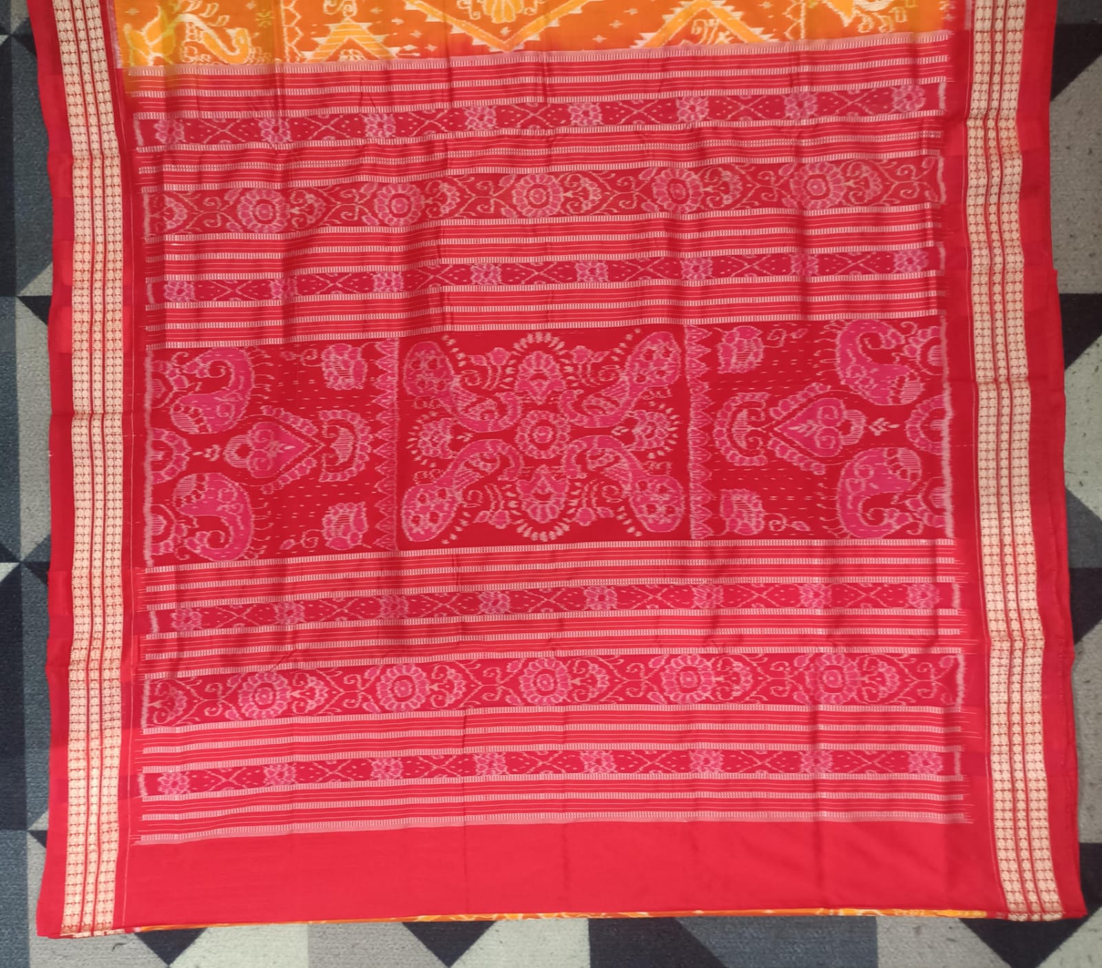Yellow Red Big Flower Design Sambalpuri Semi Silk Saree