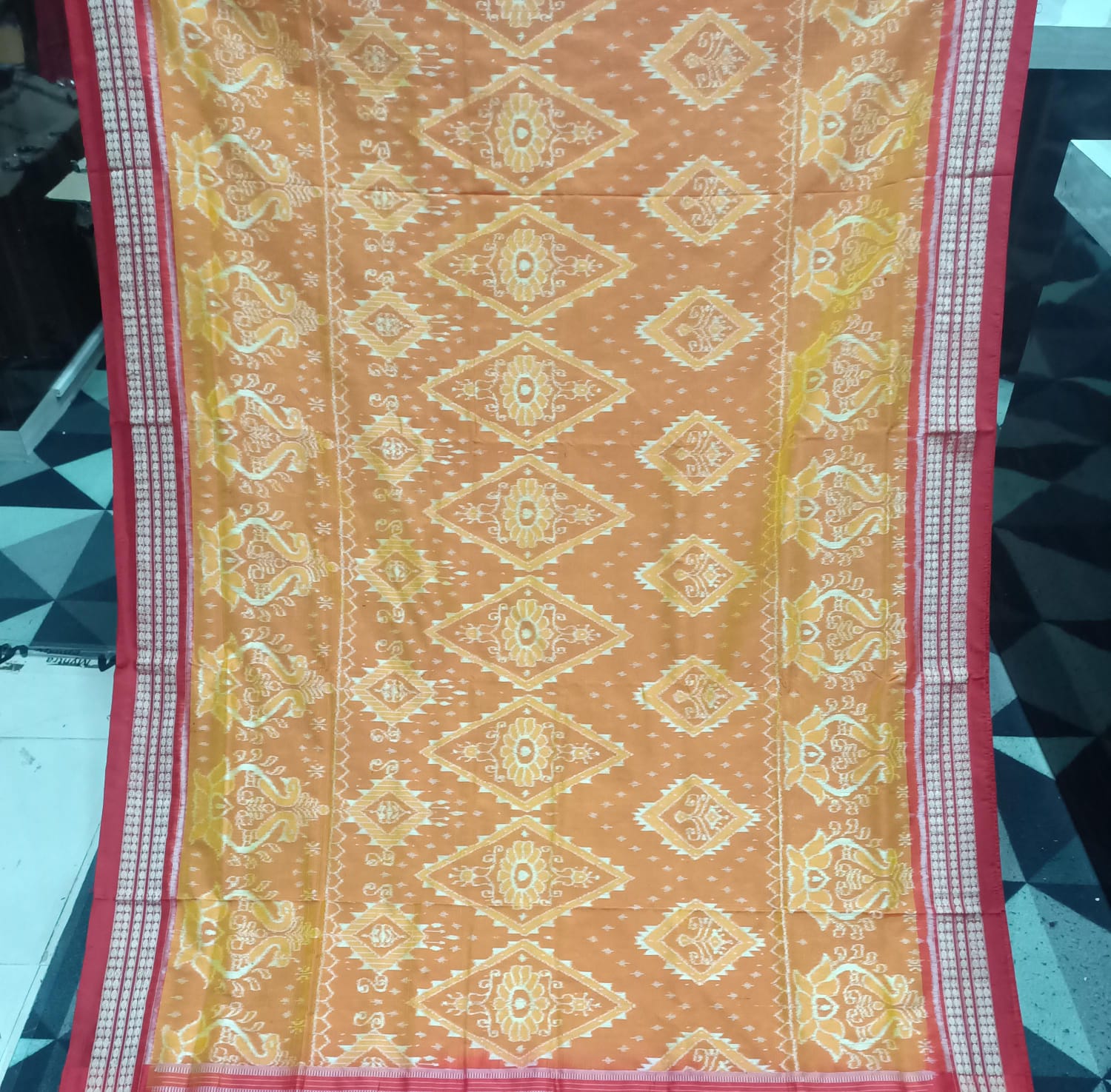 Yellow Red Big Flower Design Sambalpuri Semi Silk Saree