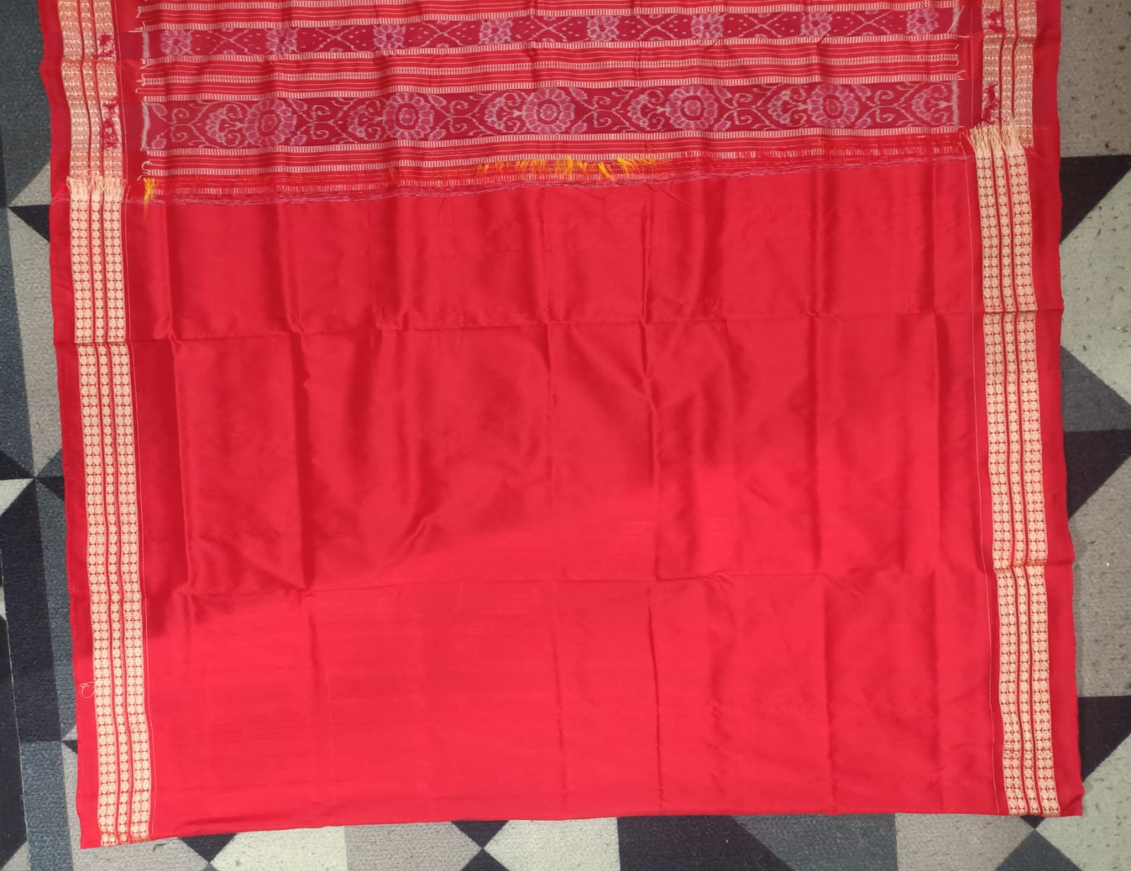 Yellow Red Big Flower Design Sambalpuri Semi Silk Saree