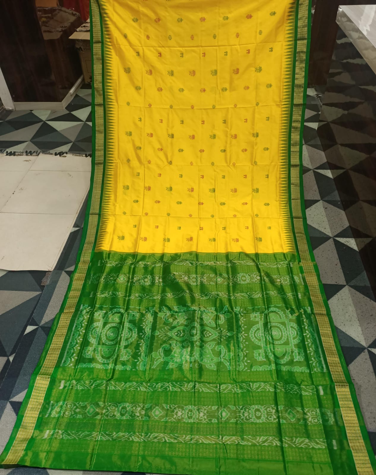Yellow Green Kalasi Laxmi Pada Bomkai Half Tissue Silk Saree