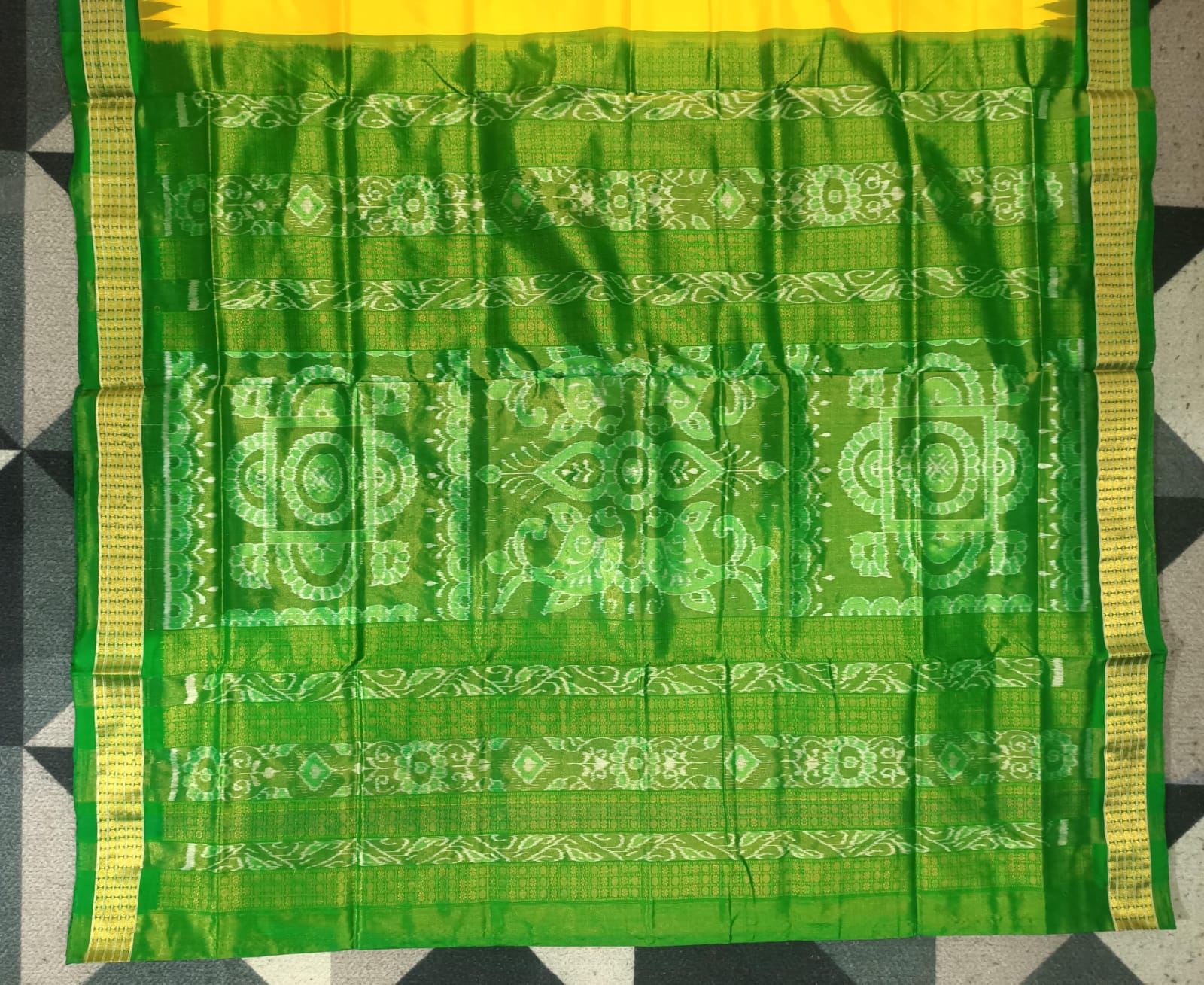 Yellow Green Kalasi Laxmi Pada Bomkai Half Tissue Silk Saree