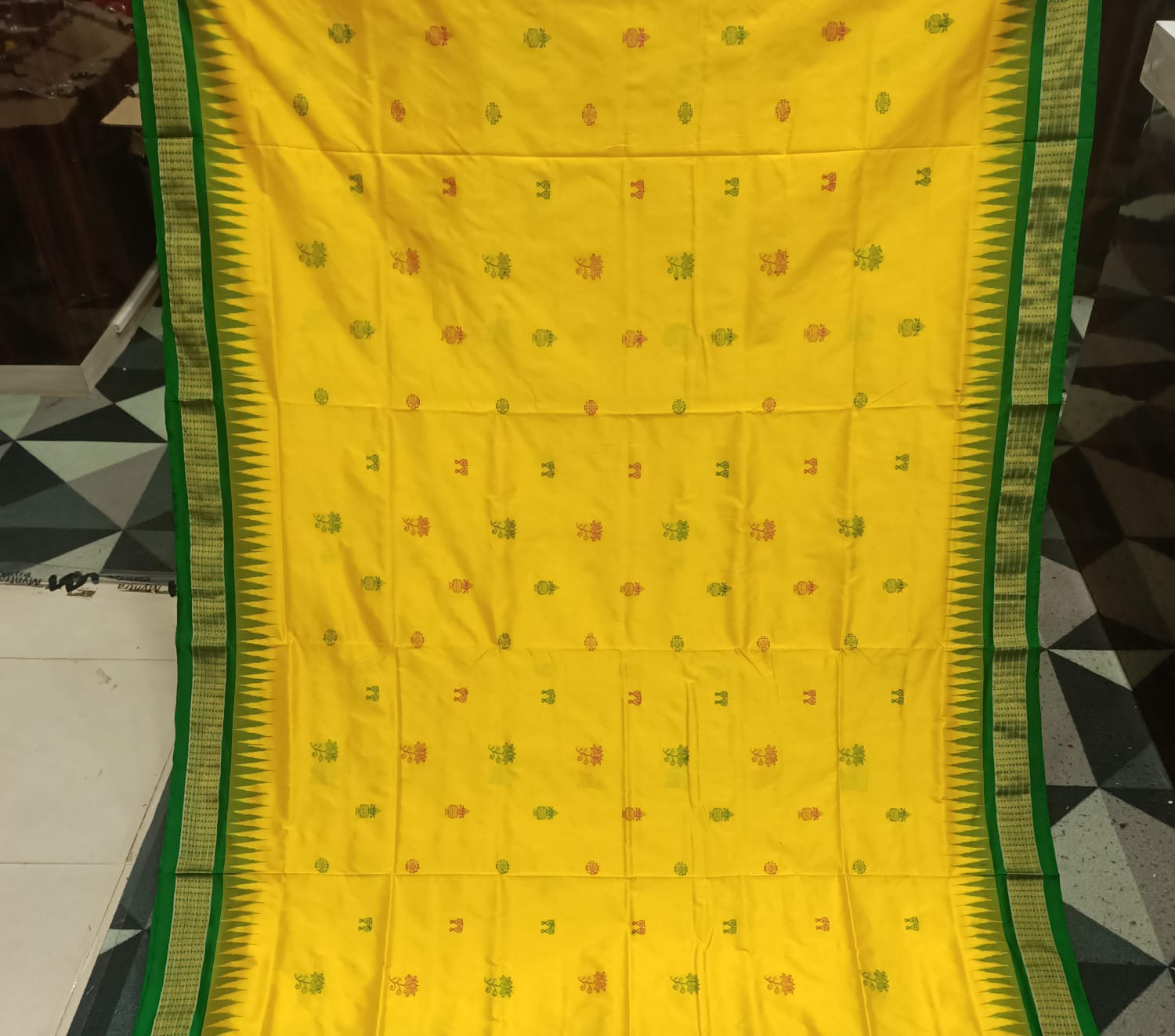 Yellow Green Kalasi Laxmi Pada Bomkai Half Tissue Silk Saree