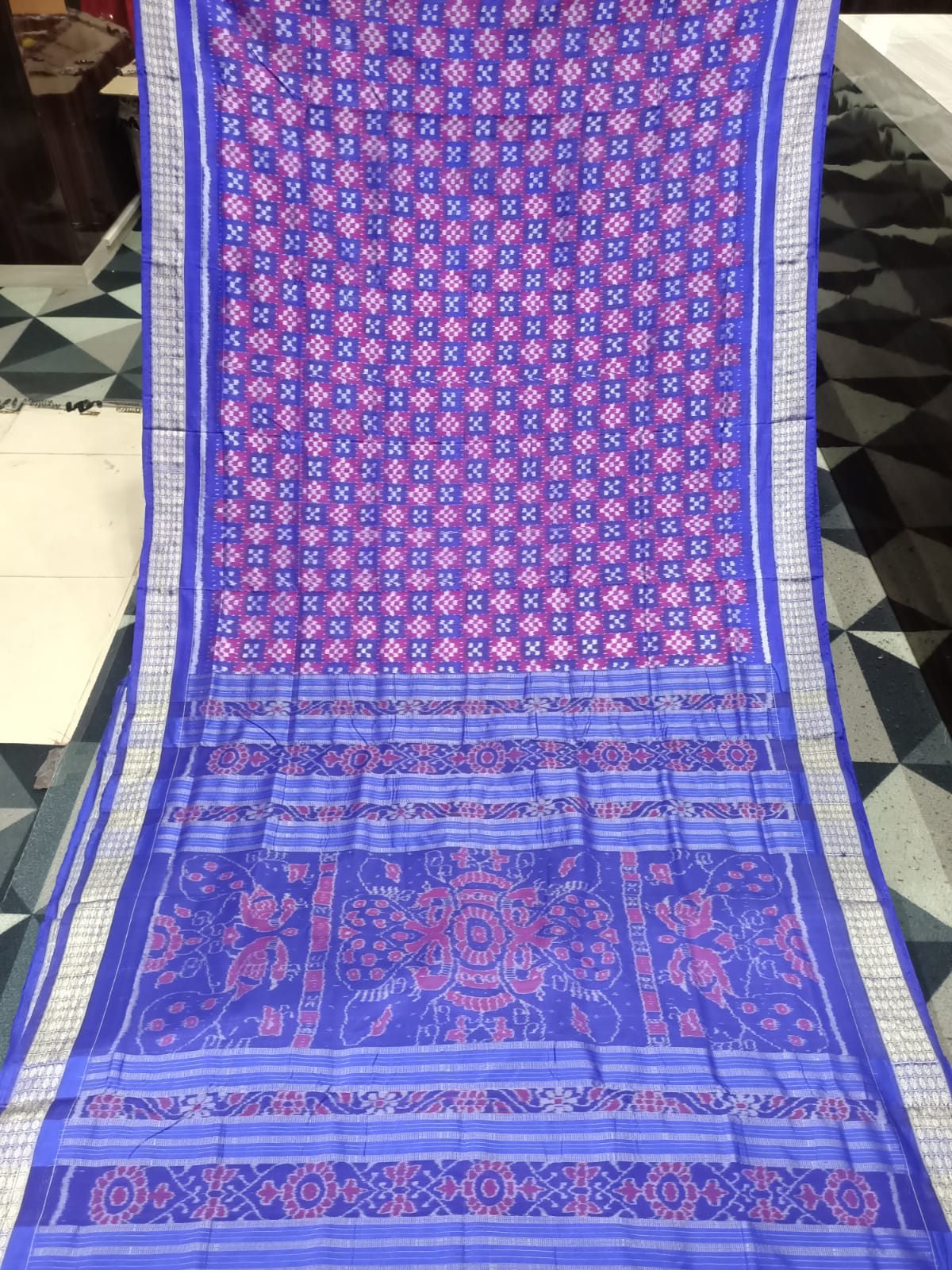 Magenta Blue Mini Pasapali Sambalpuri Semi Silk Saree