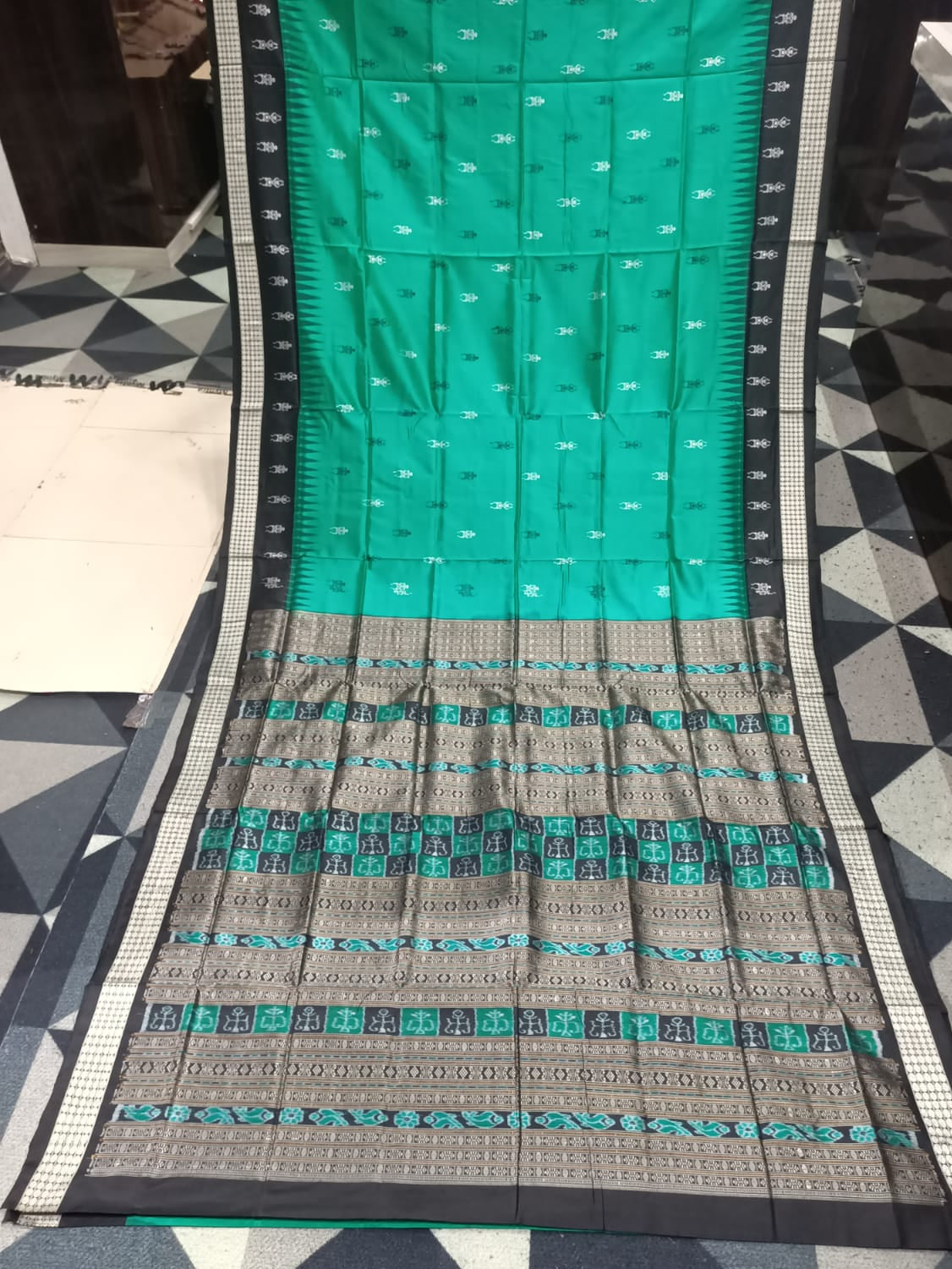 Rama Green Black Tribal Design Bomkai Silk Saree