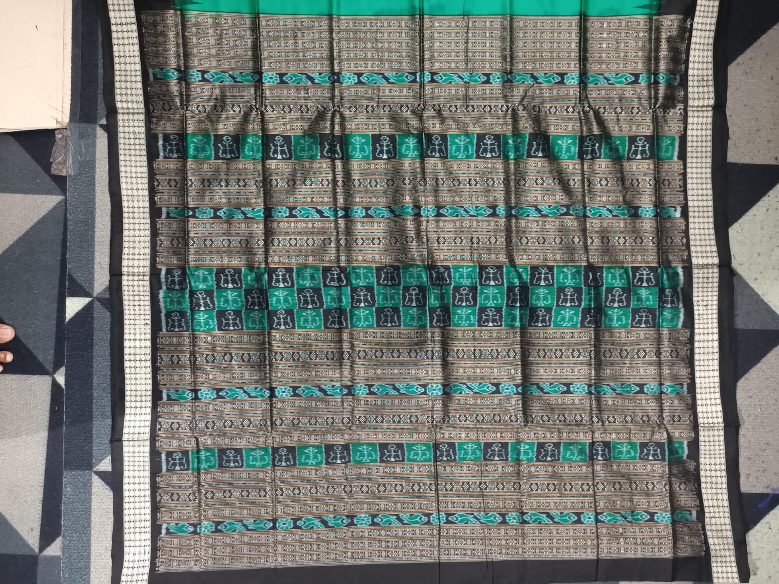 Rama Green Black Tribal Design Bomkai Silk Saree