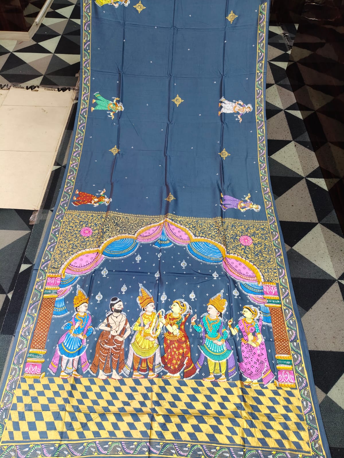 Grey Rama Sita Vivah Theme Pattachitra Khadi Silk Saree
