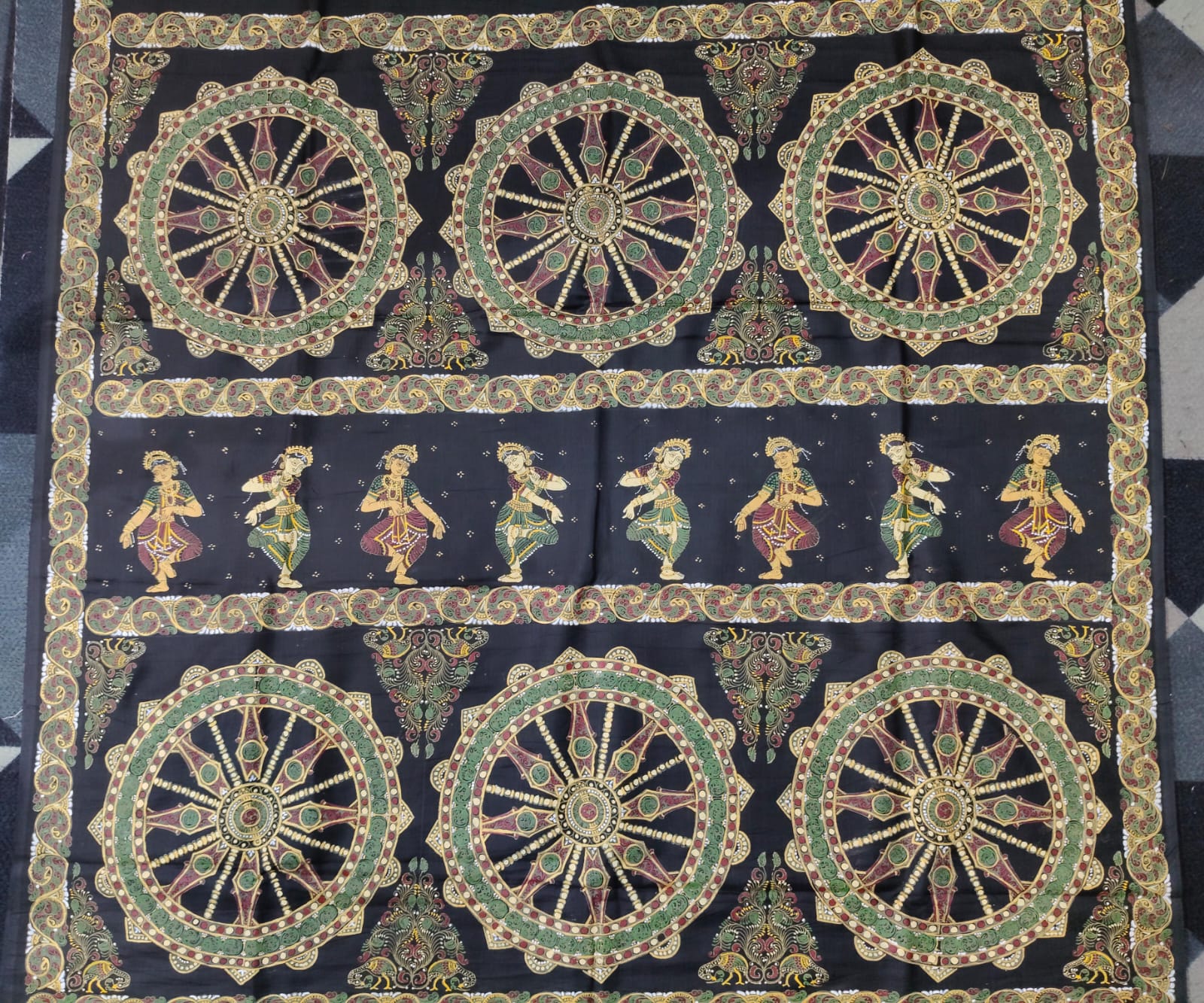 Black Konark Wheel & Dancer Theme Pattachitra Khadi Silk Saree