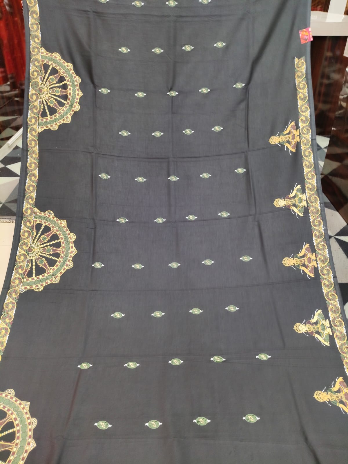 Black Konark Wheel & Dancer Theme Pattachitra Khadi Silk Saree