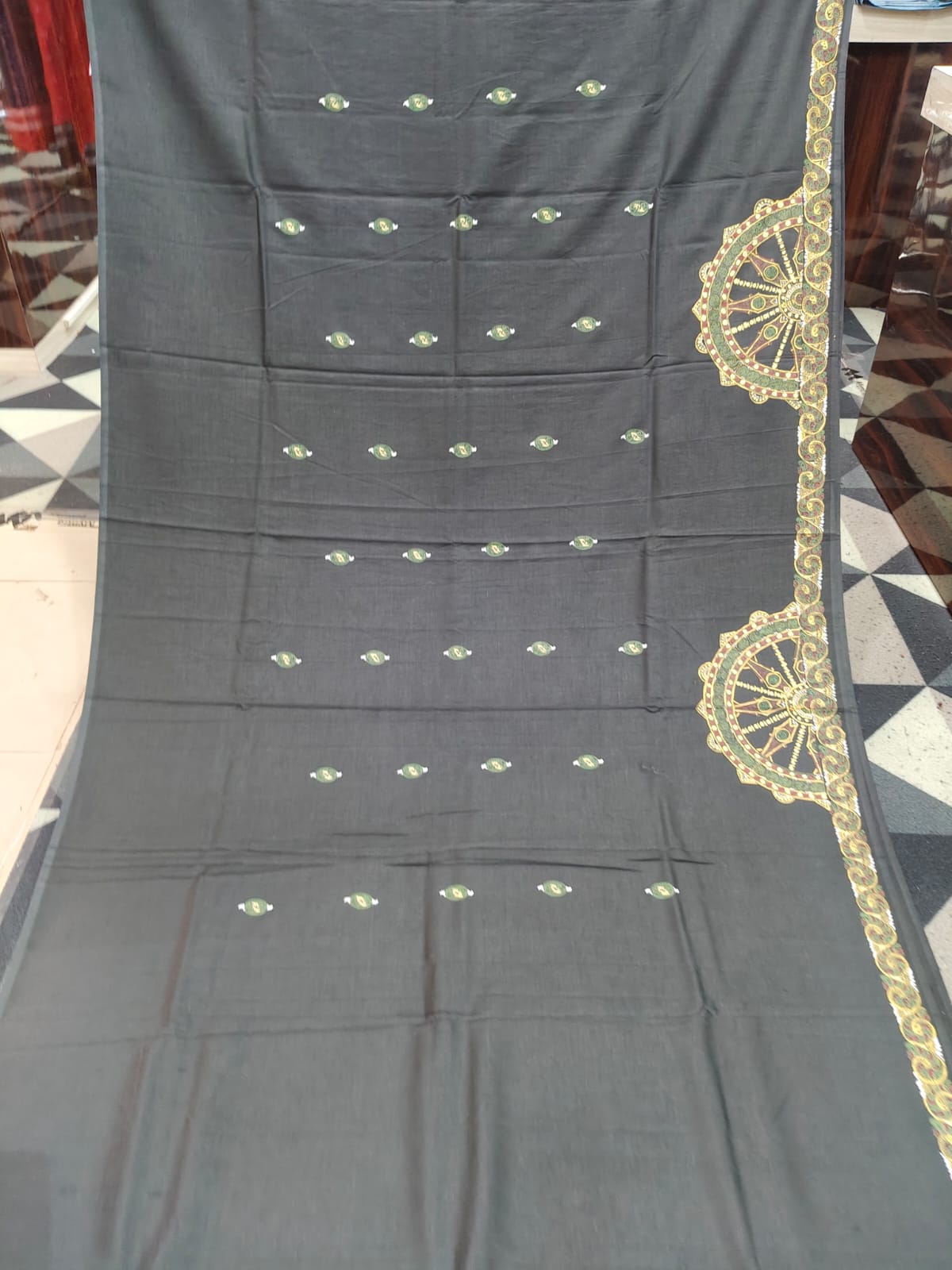 Black Konark Wheel & Dancer Theme Pattachitra Khadi Silk Saree