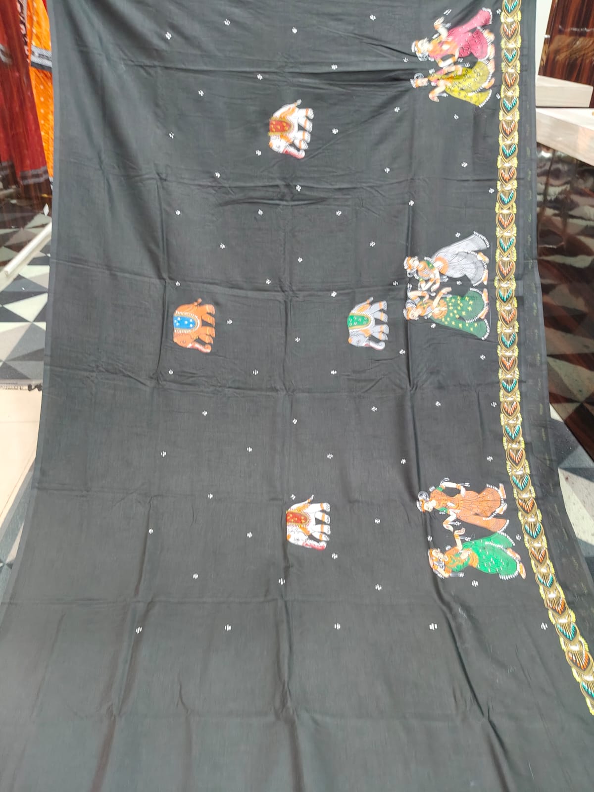 Black Kandarpa Hasti Theme Pattachitra Khadi Silk Saree