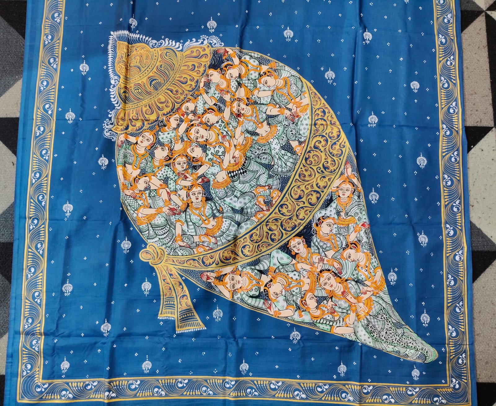 Teal Blue Kandarpa Sankha Theme Pattachitra Khadi Silk Saree