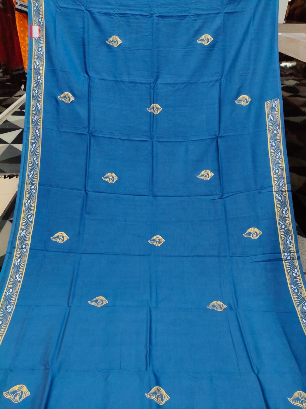 Teal Blue Kandarpa Sankha Theme Pattachitra Khadi Silk Saree