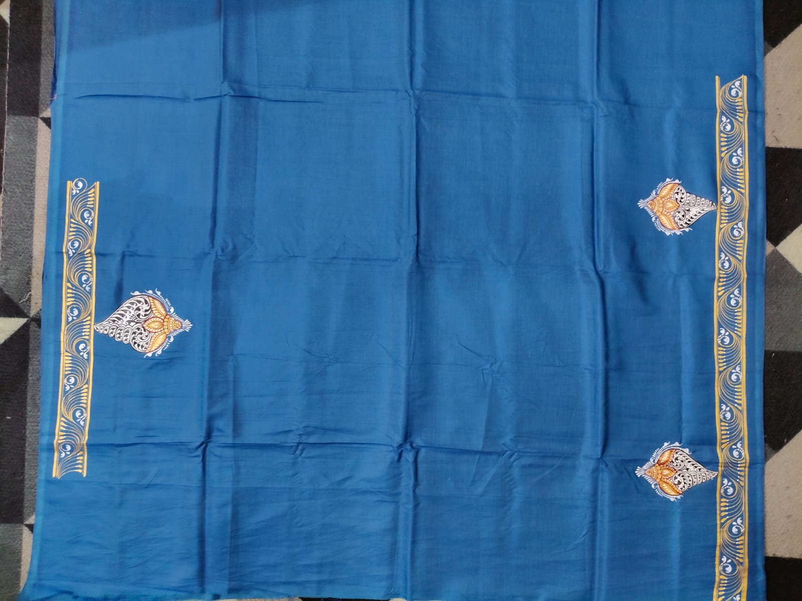 Teal Blue Kandarpa Sankha Theme Pattachitra Khadi Silk Saree