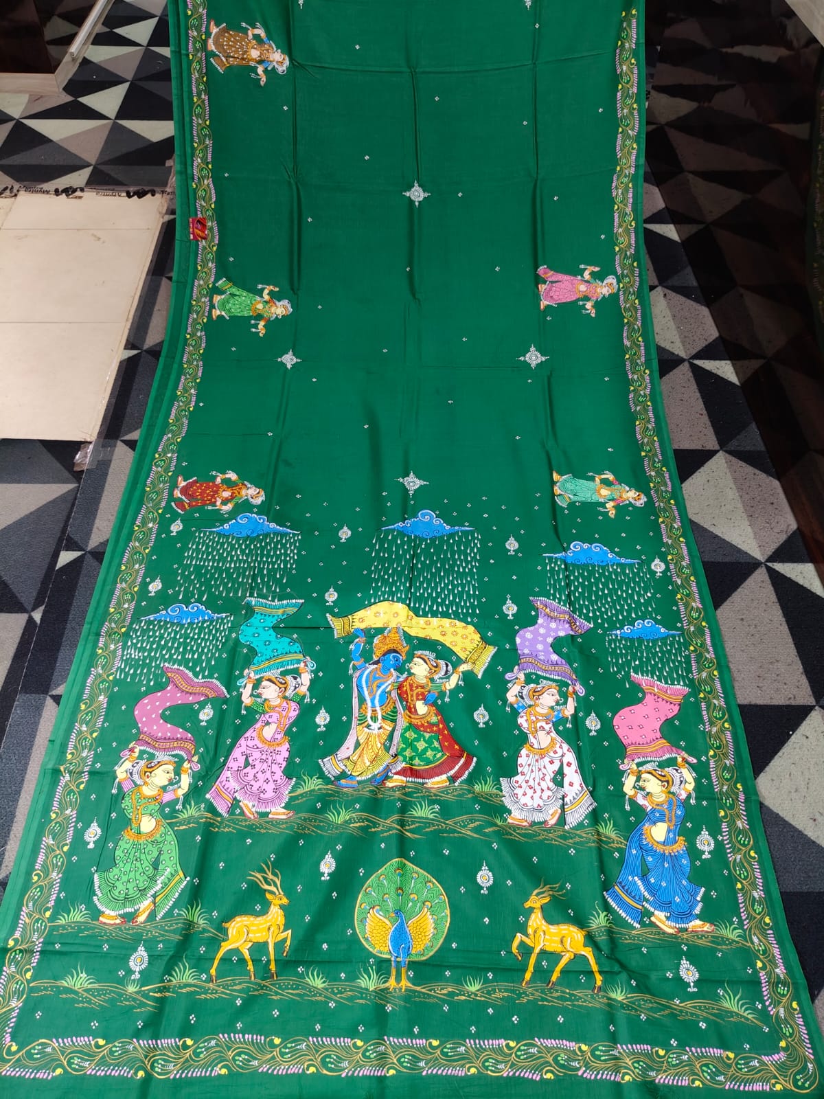 Green Radha Krishna Barsha Rasa Theme Pattachitra Khadi Silk Saree