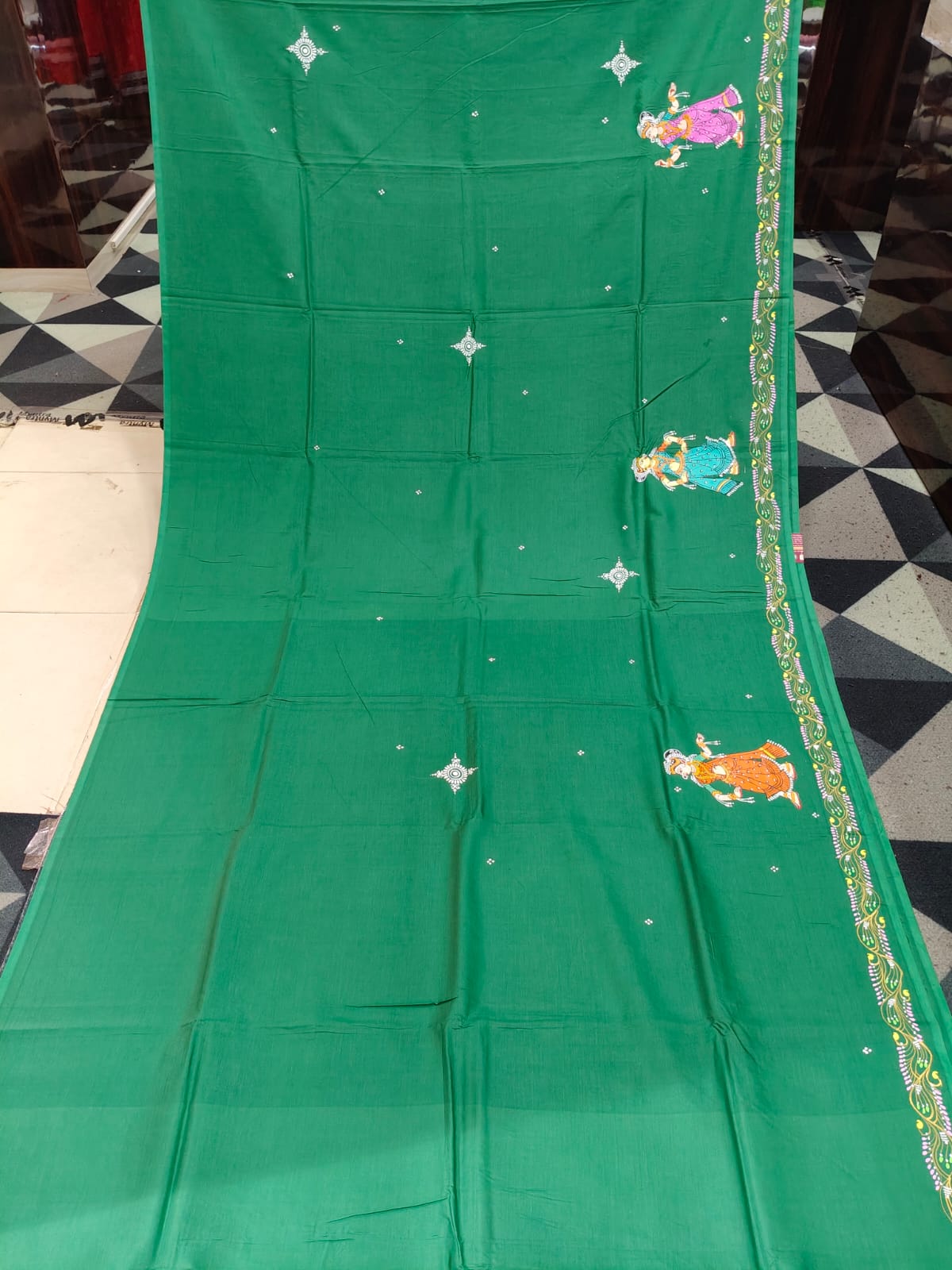 Green Radha Krishna Barsha Rasa Theme Pattachitra Khadi Silk Saree
