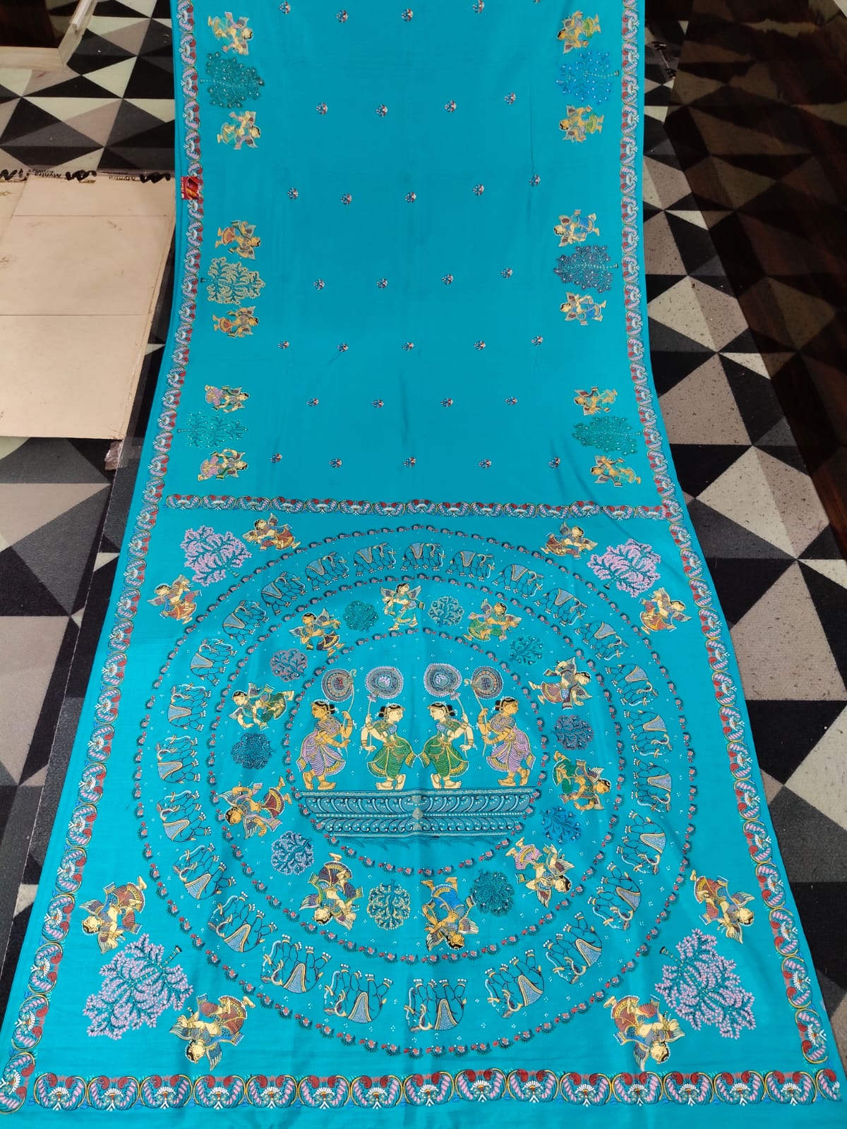 Copper Sulphate Sakhi Round Rasa Theme Pattachitra Khadi Silk Saree