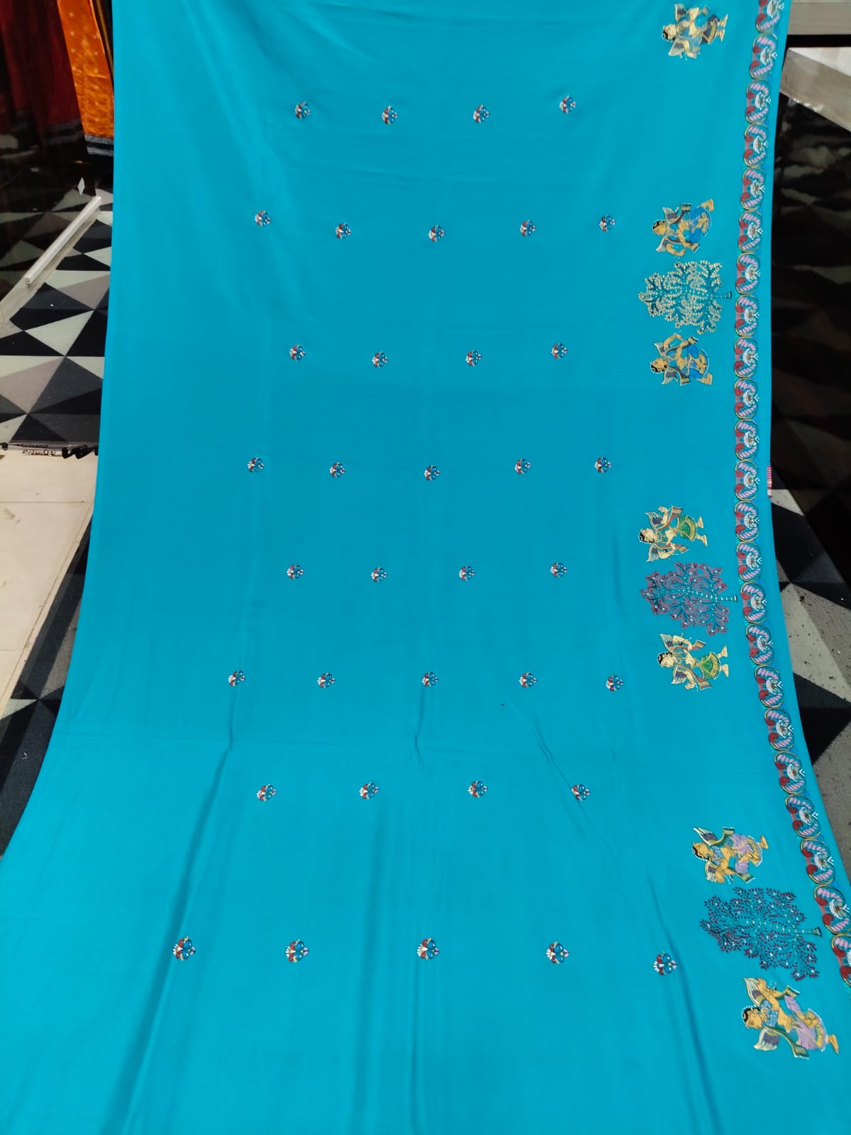 Copper Sulphate Sakhi Round Rasa Theme Pattachitra Khadi Silk Saree