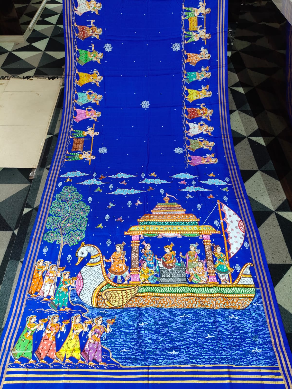 Blue Boita Bandana Theme Pattachitra Kanjeeveram Silk Saree