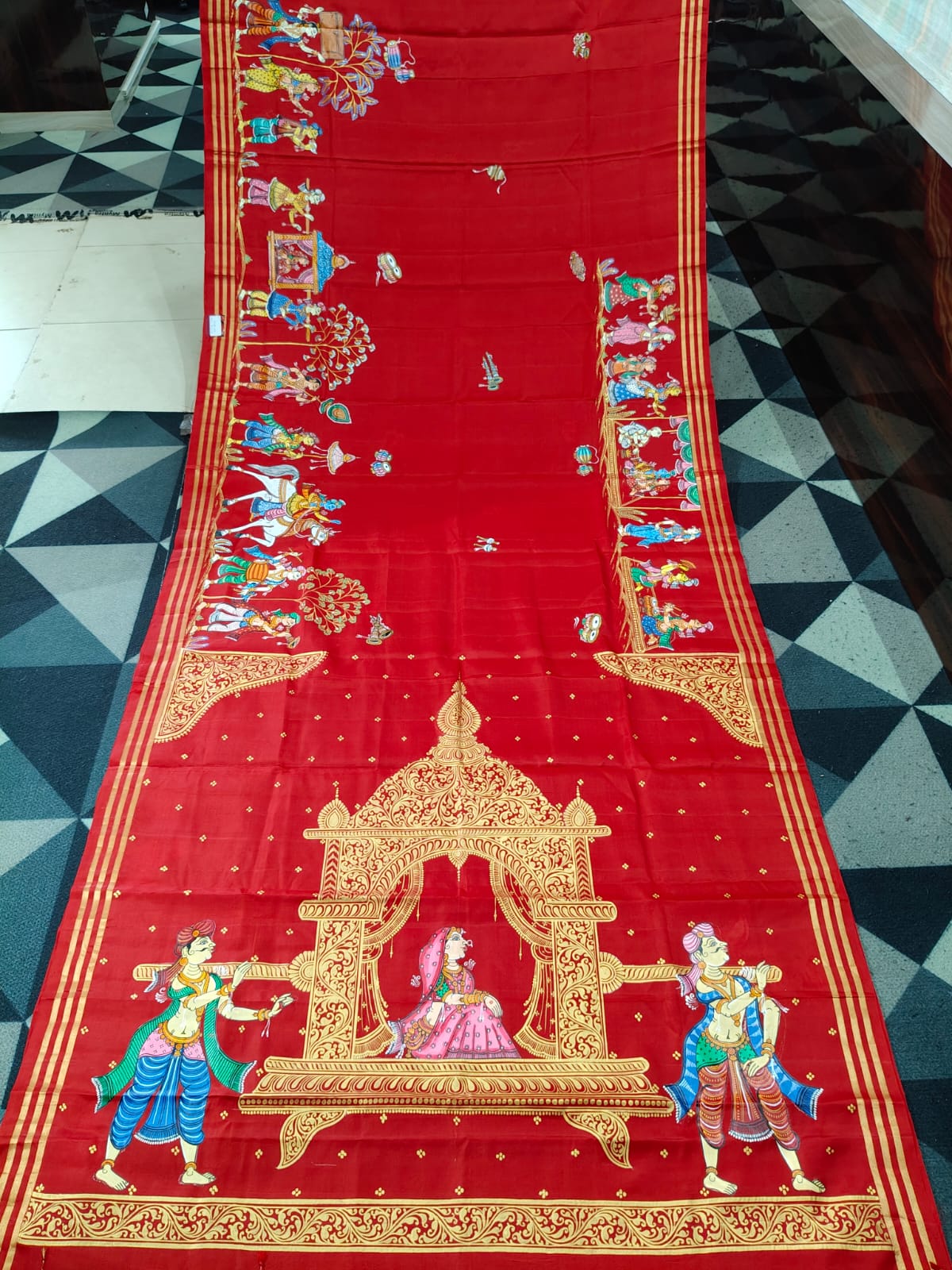 Red Marriage Theme Pattachitra Kanjeeveram Silk Saree