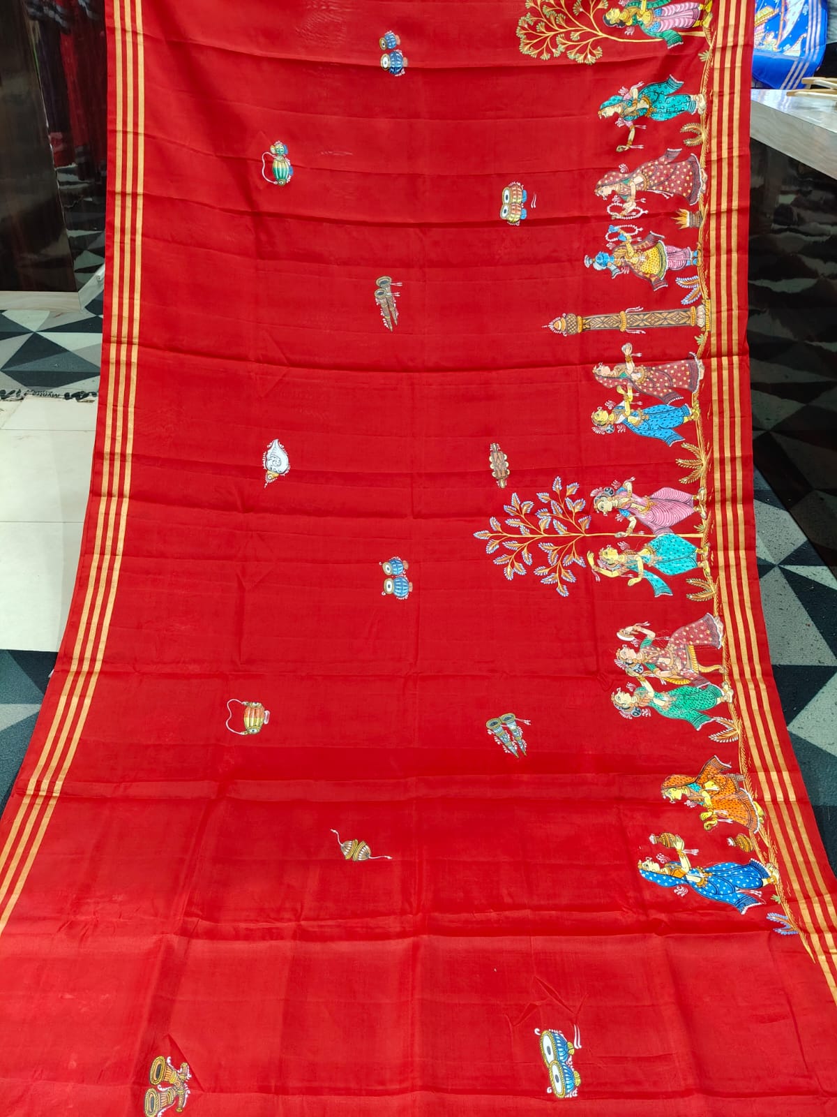 Red Marriage Theme Pattachitra Kanjeeveram Silk Saree