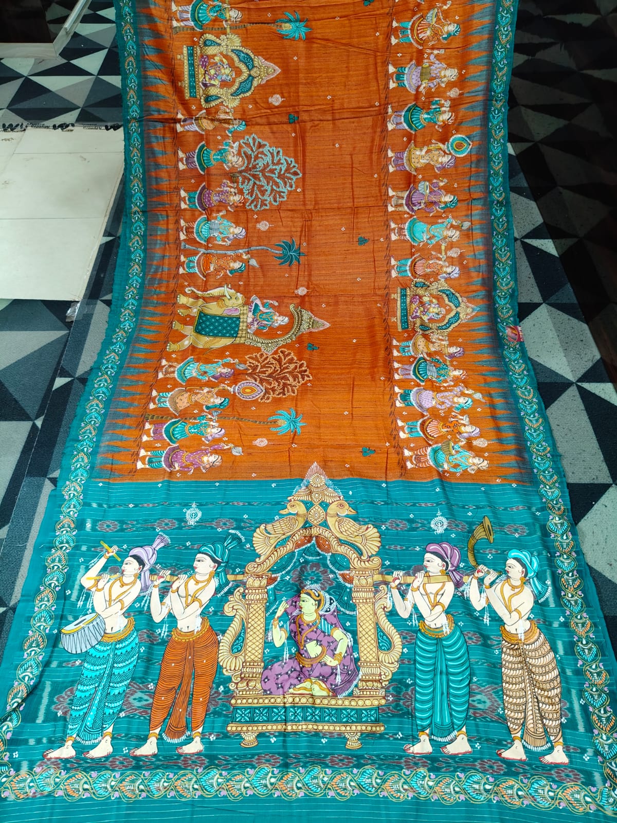 Orange Green Marriage Theme Pattachitra Tussar Silk Saree