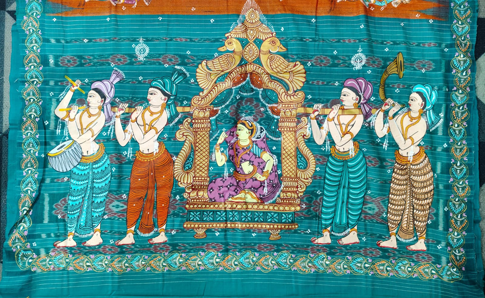 Orange Green Marriage Theme Pattachitra Tussar Silk Saree
