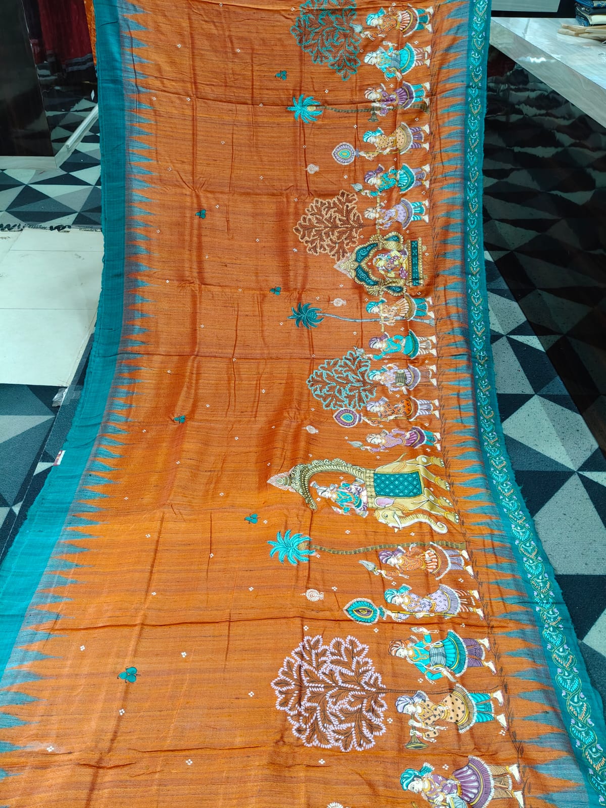 Orange Green Marriage Theme Pattachitra Tussar Silk Saree