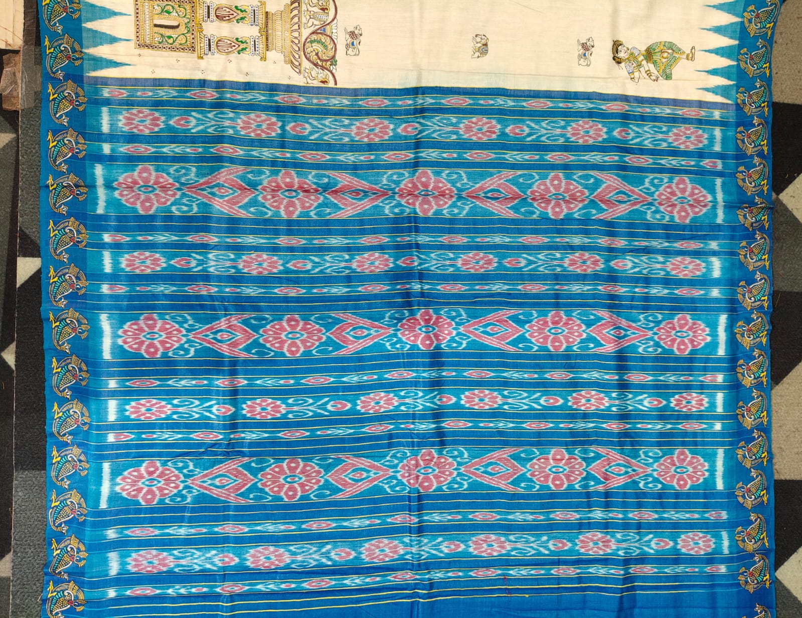 White Copper Sulphate Dancer Theme Pattachitra Tussar Silk Saree