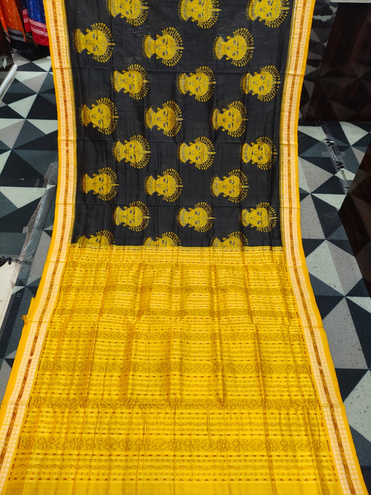 Black Yellow Odishi face Design Sambalpuri Silk Saree