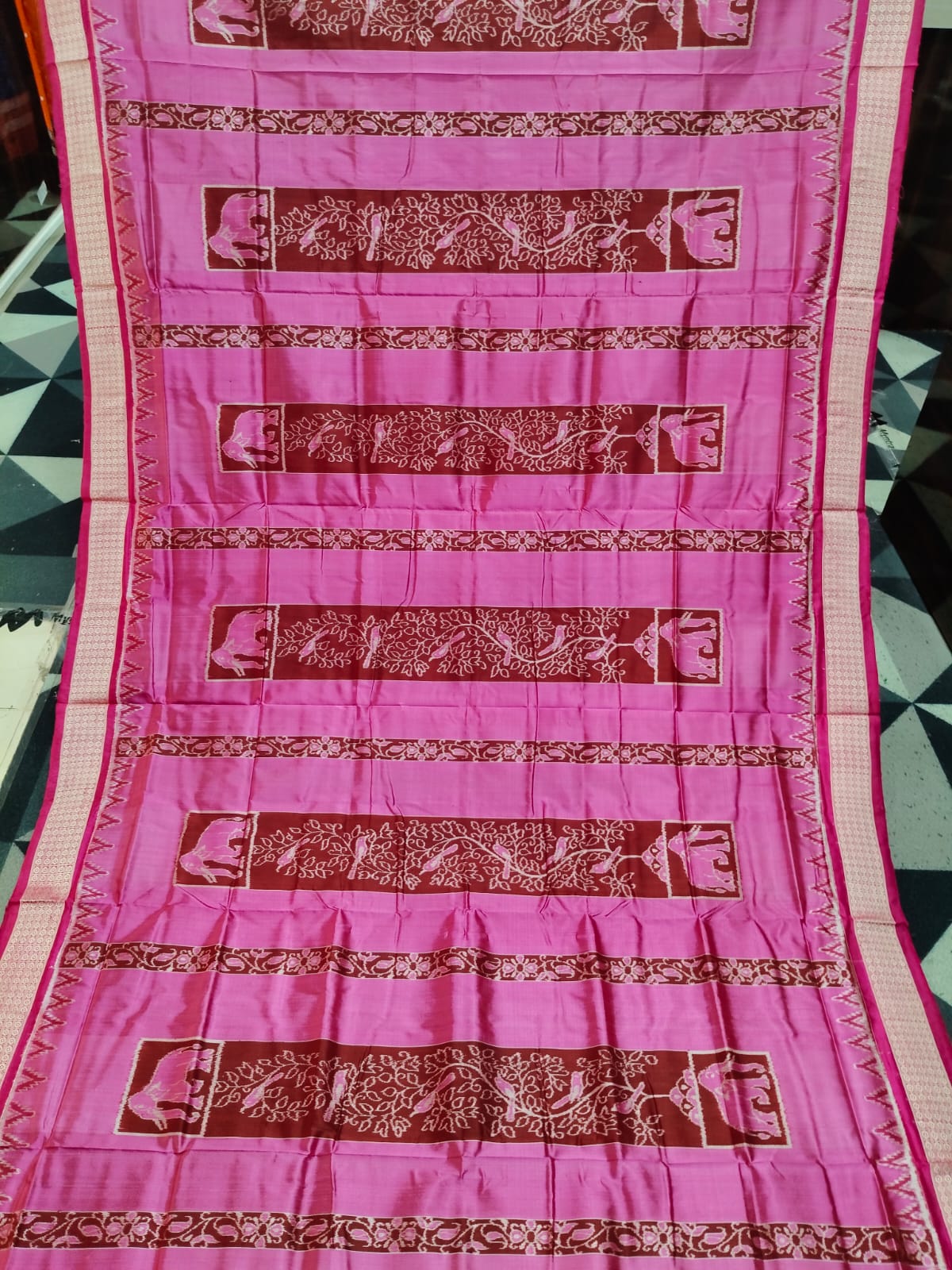 Deep Pink Magenta Half Half Jangal Design Sambalpuri Silk Saree