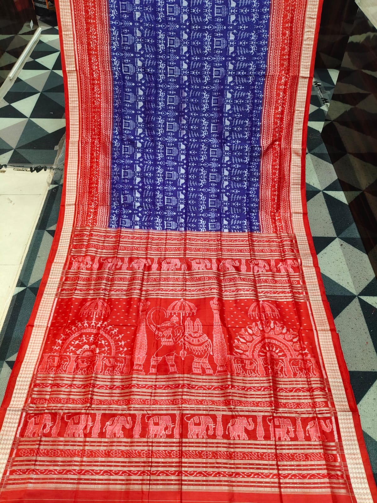 Navy Blue Red Tribal & Tree Design Sambalpuri Silk Saree