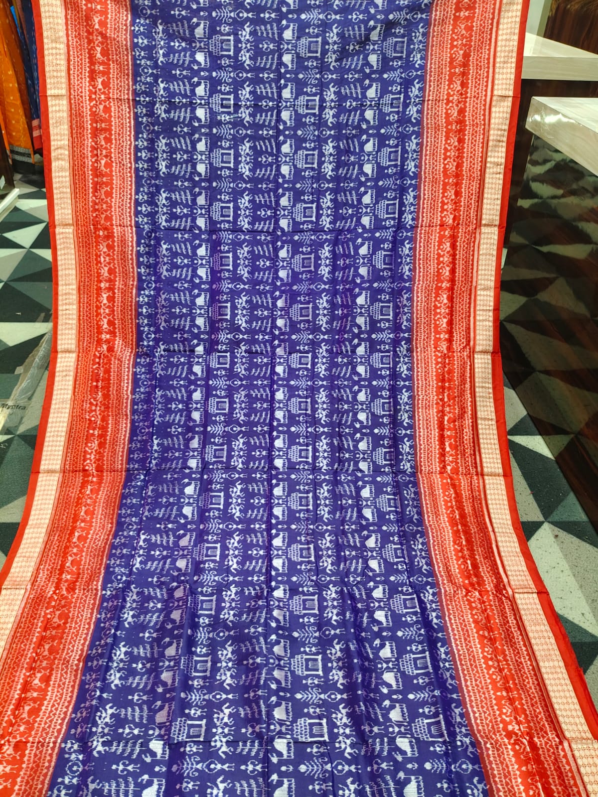 Navy Blue Red Tribal & Tree Design Sambalpuri Silk Saree